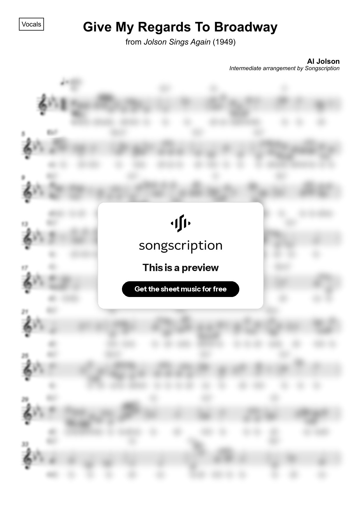 Intermediate Vocals Sheet Music for "Give My Regards To Broadway" by Al Jolson