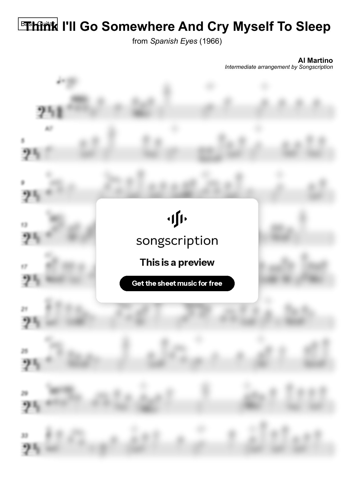 Intermediate Bass Guitar Sheet Music for "Think I'll Go Somewhere And Cry Myself To Sleep" by Al Martino