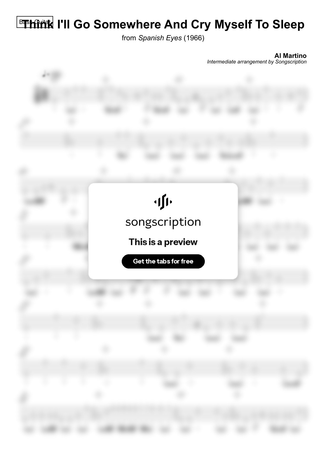 Intermediate Bass Guitar Tabs for "Think I'll Go Somewhere And Cry Myself To Sleep" by Al Martino