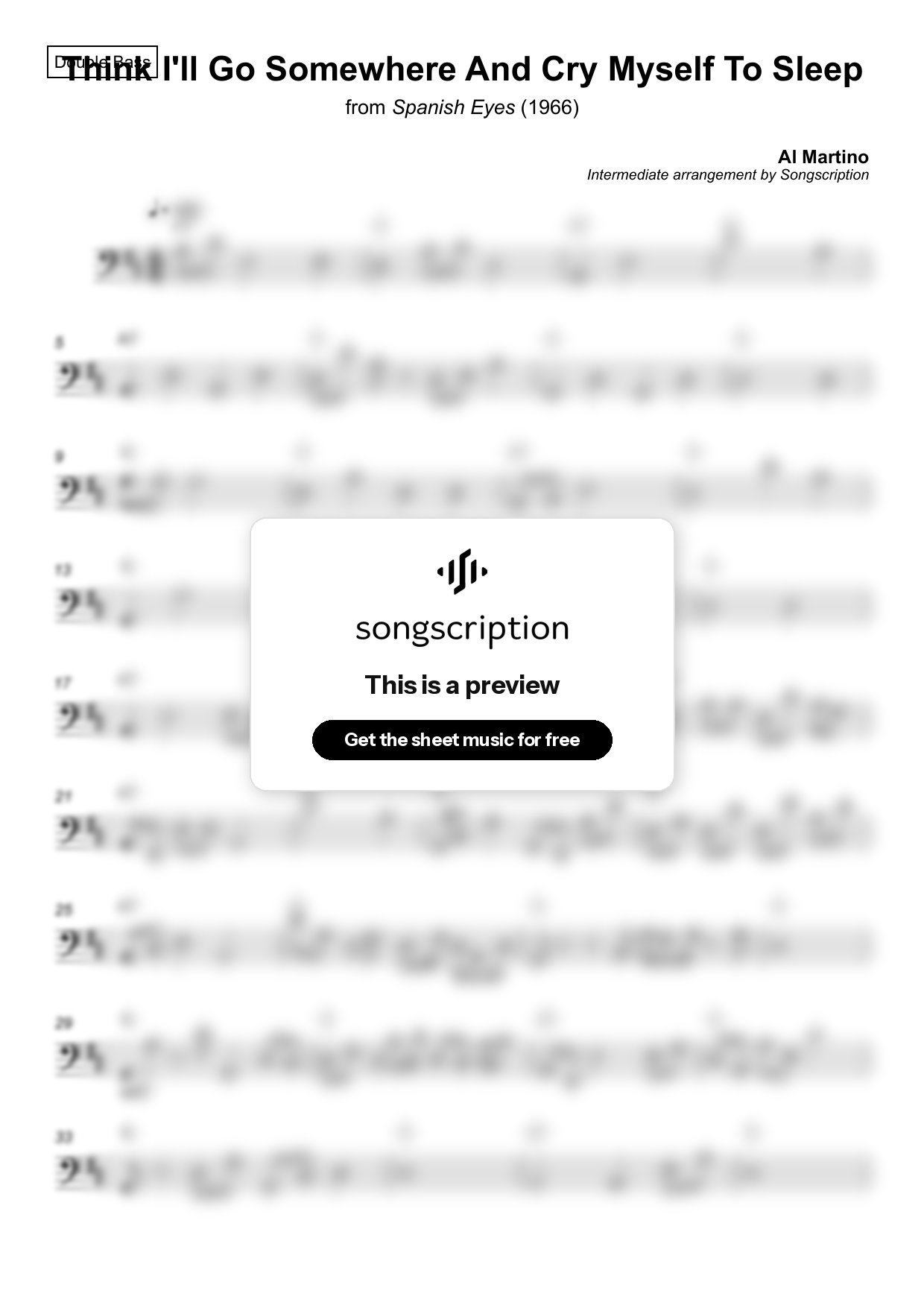 Intermediate Double Bass Sheet Music for "Think I'll Go Somewhere And Cry Myself To Sleep" by Al Martino