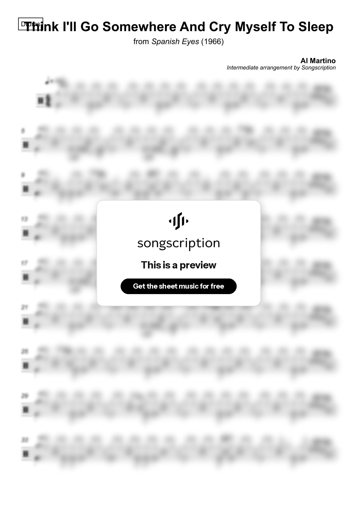Intermediate Drums Sheet Music for "Think I'll Go Somewhere And Cry Myself To Sleep" by Al Martino