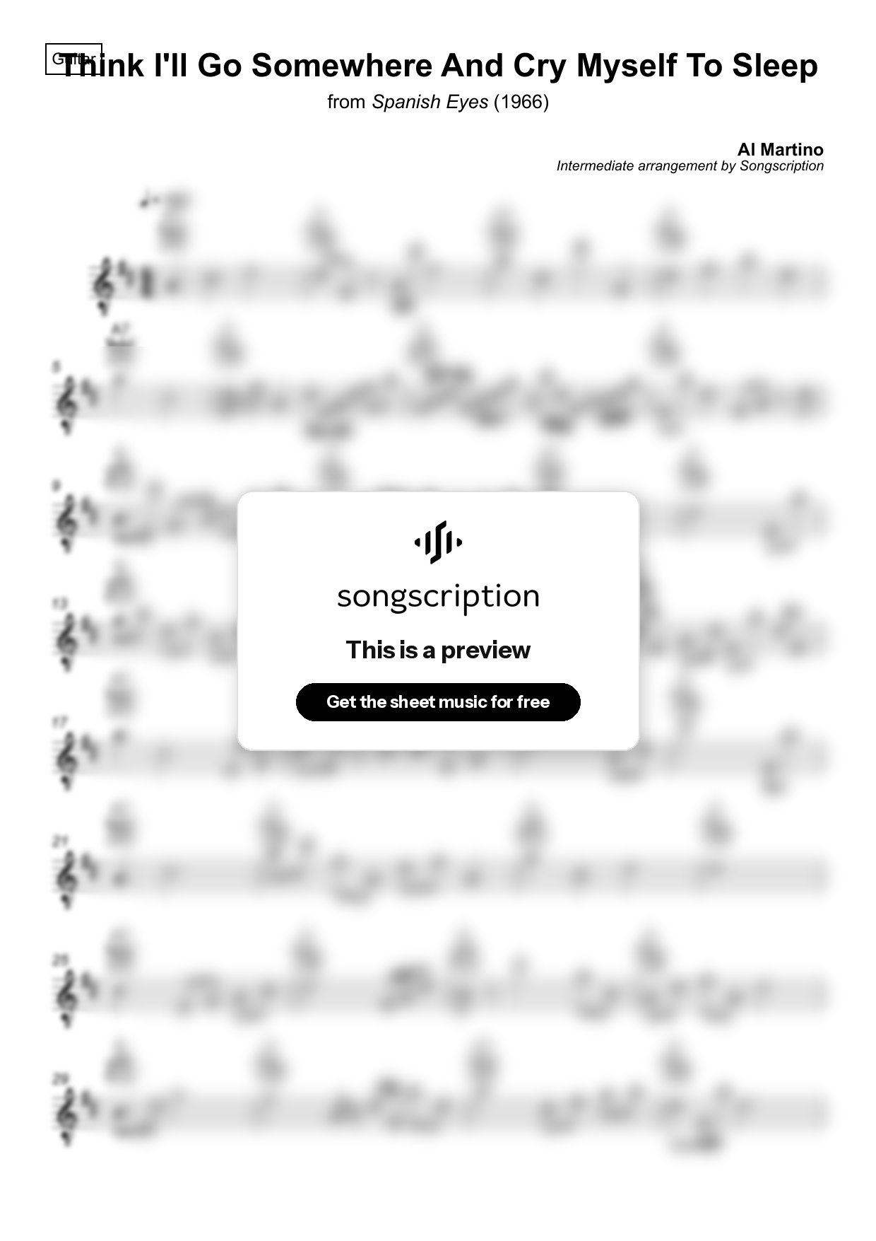 Intermediate Acoustic Guitar Sheet Music for "Think I'll Go Somewhere And Cry Myself To Sleep" by Al Martino