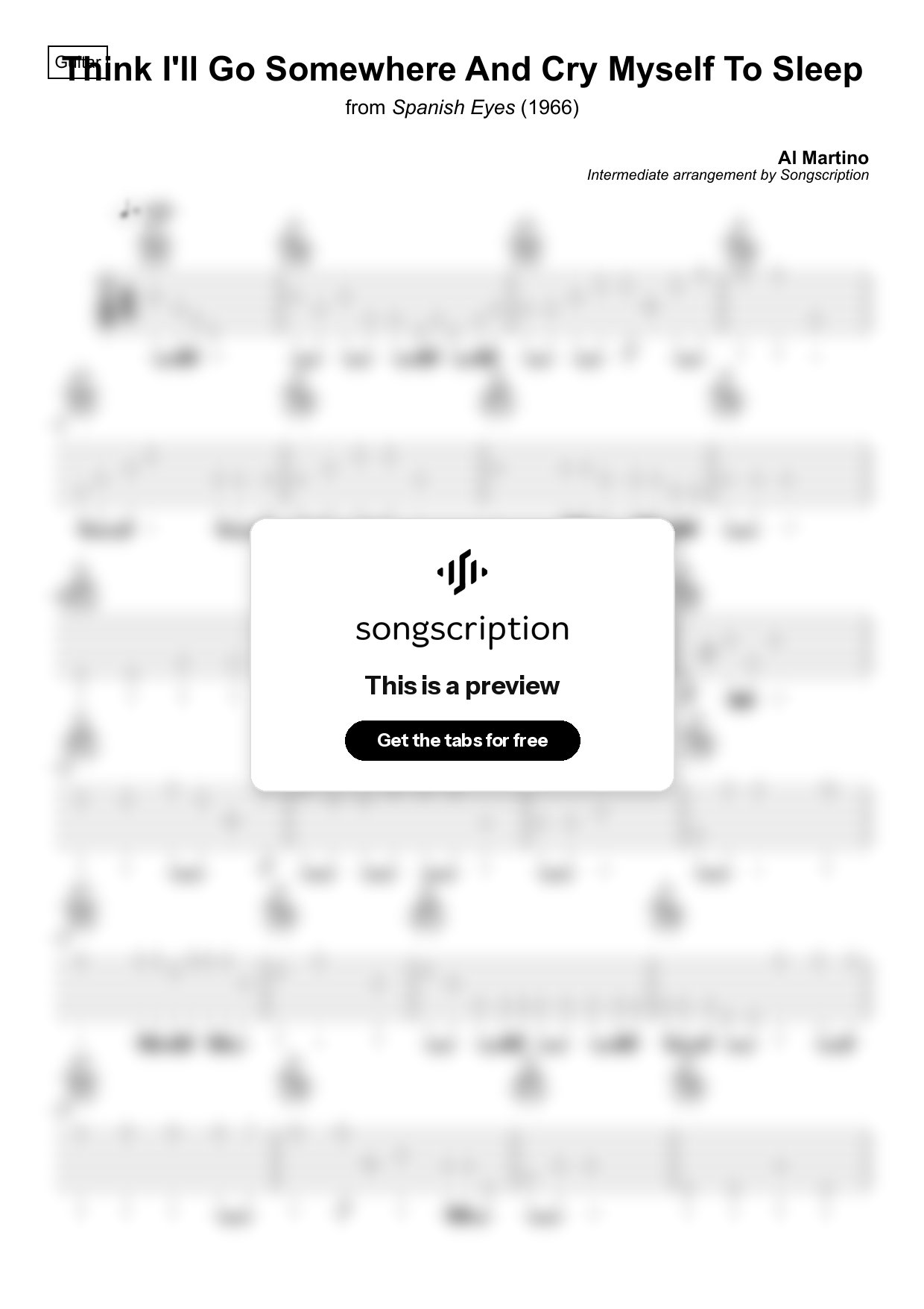 Intermediate Acoustic Guitar Tabs for "Think I'll Go Somewhere And Cry Myself To Sleep" by Al Martino