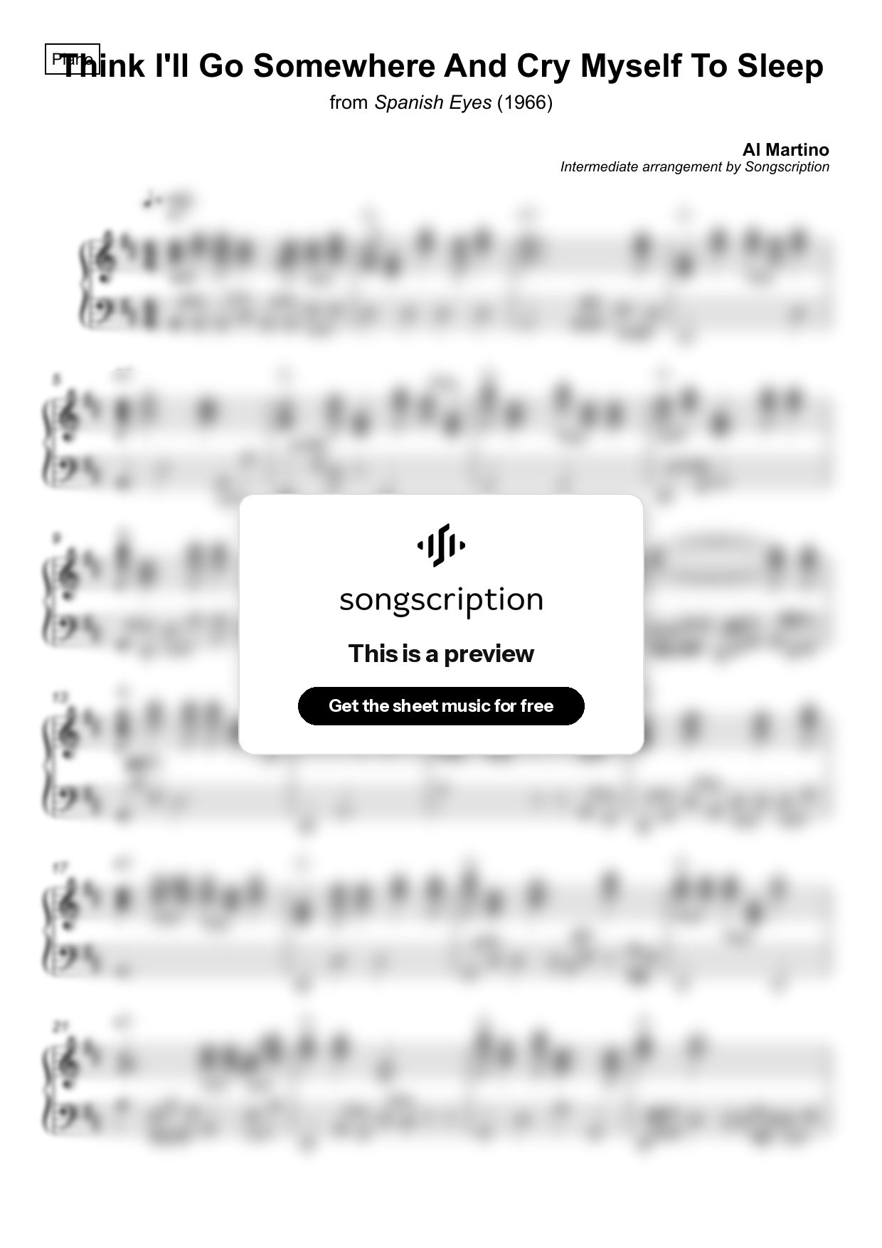 Intermediate Piano Sheet Music for "Think I'll Go Somewhere And Cry Myself To Sleep" by Al Martino