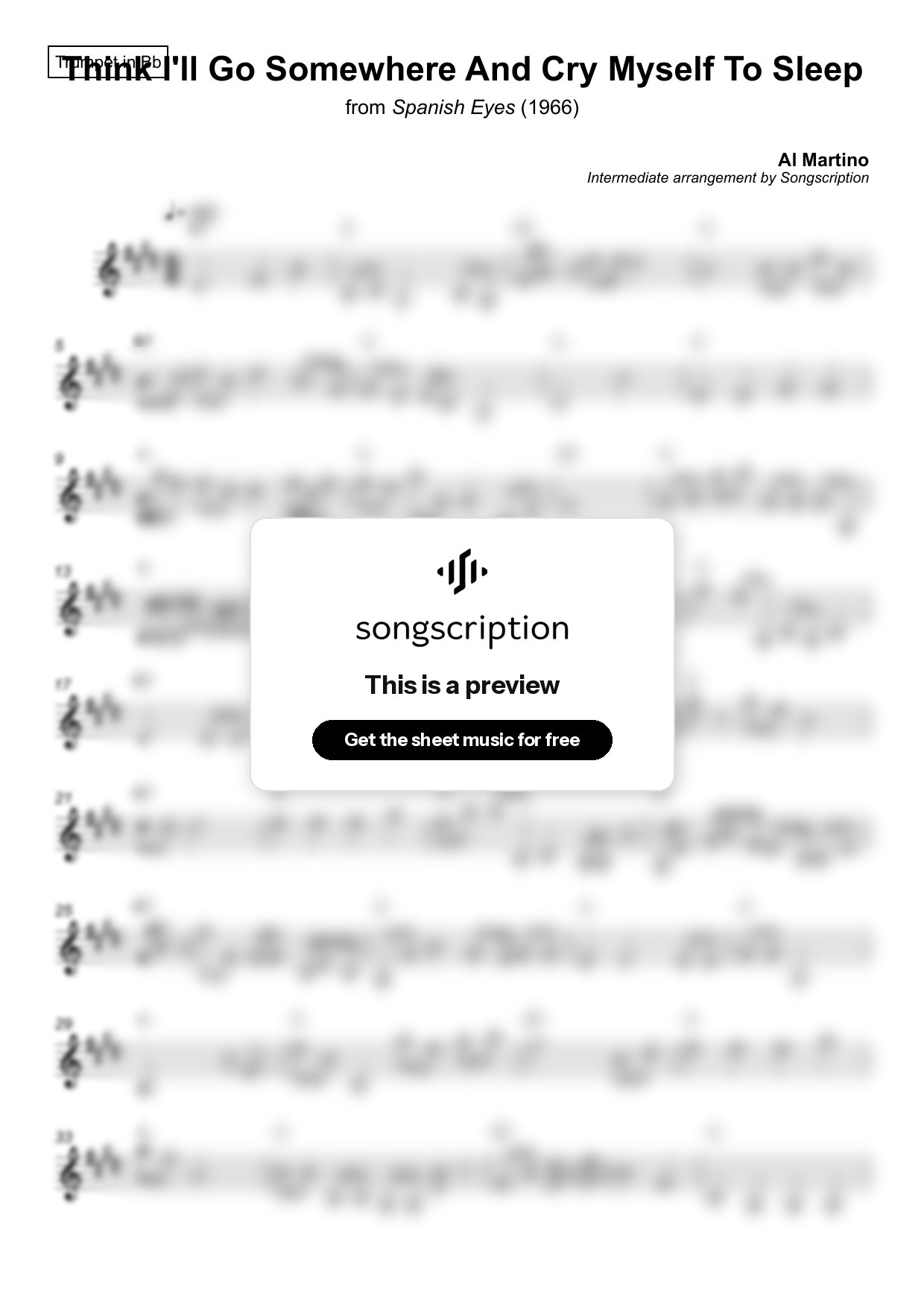 Intermediate Trumpet Sheet Music for "Think I'll Go Somewhere And Cry Myself To Sleep" by Al Martino
