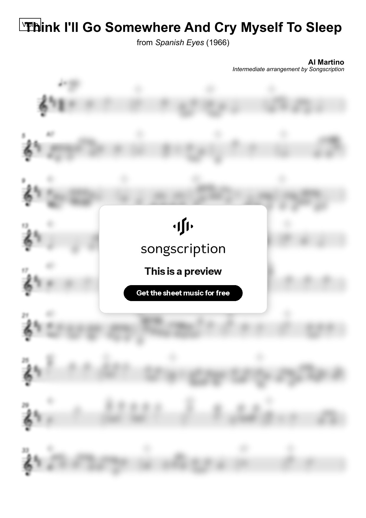 Intermediate Violin Sheet Music for "Think I'll Go Somewhere And Cry Myself To Sleep" by Al Martino