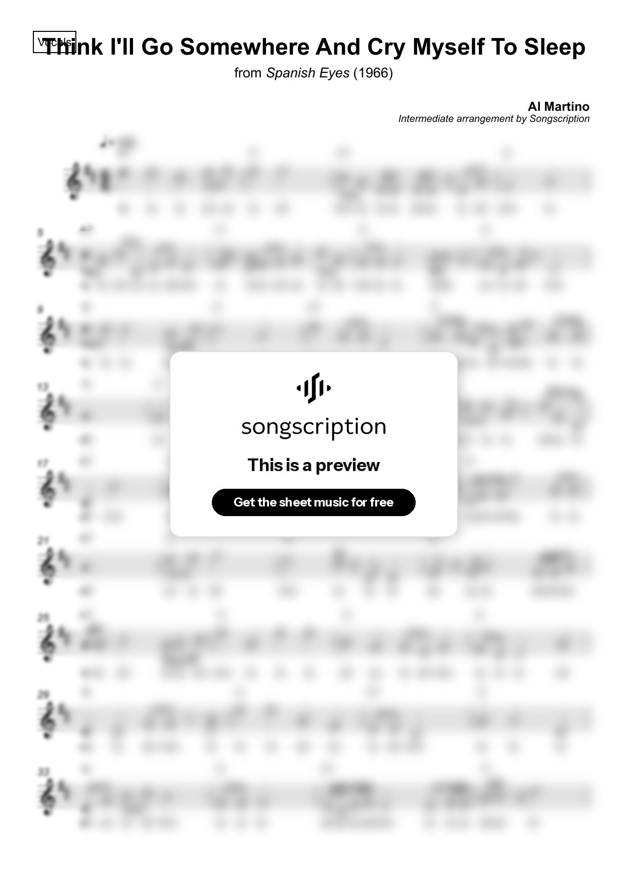 Intermediate Vocals Sheet Music for "Think I'll Go Somewhere And Cry Myself To Sleep" by Al Martino