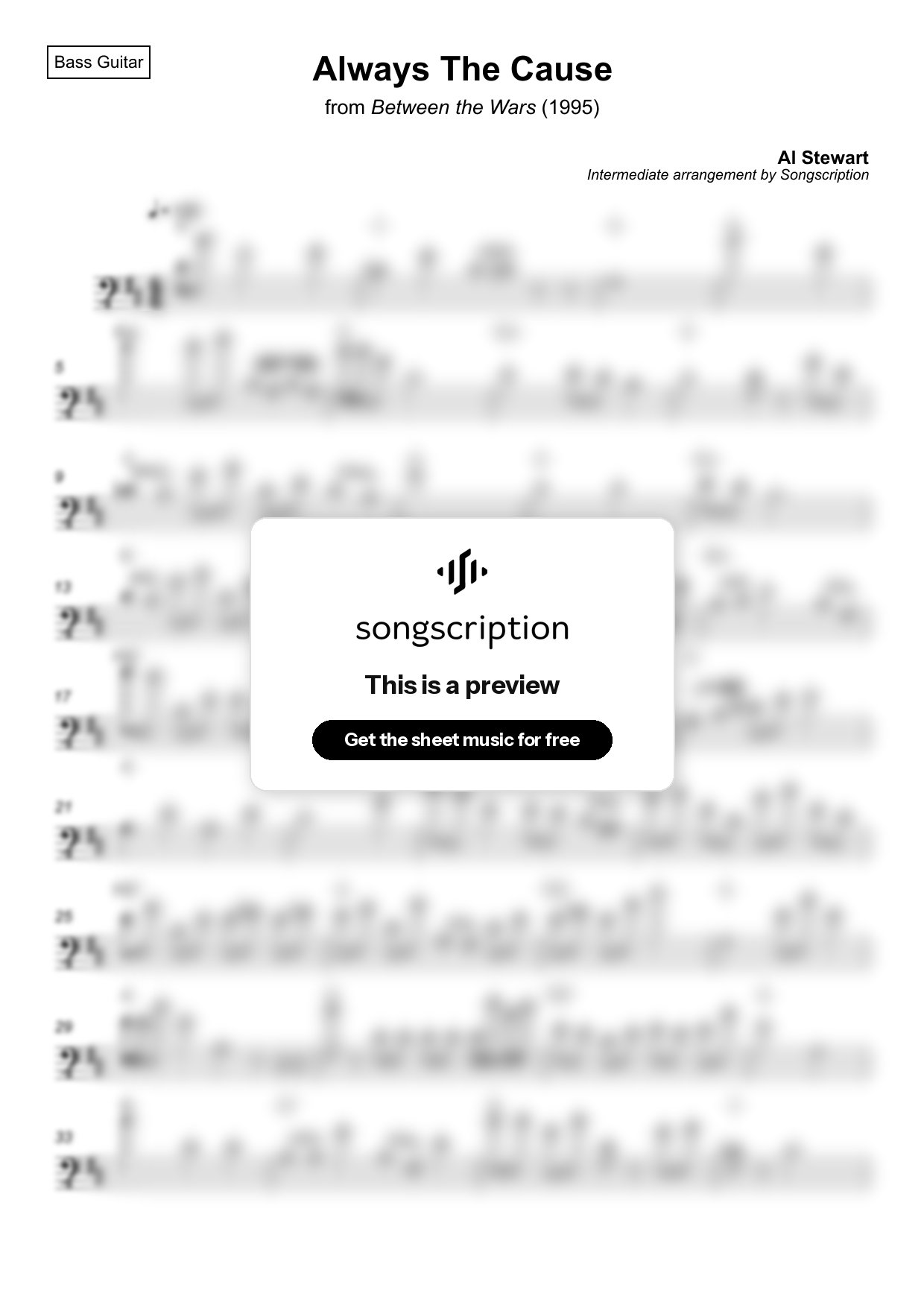 Intermediate Bass Guitar Sheet Music for "Always The Cause" by Al Stewart