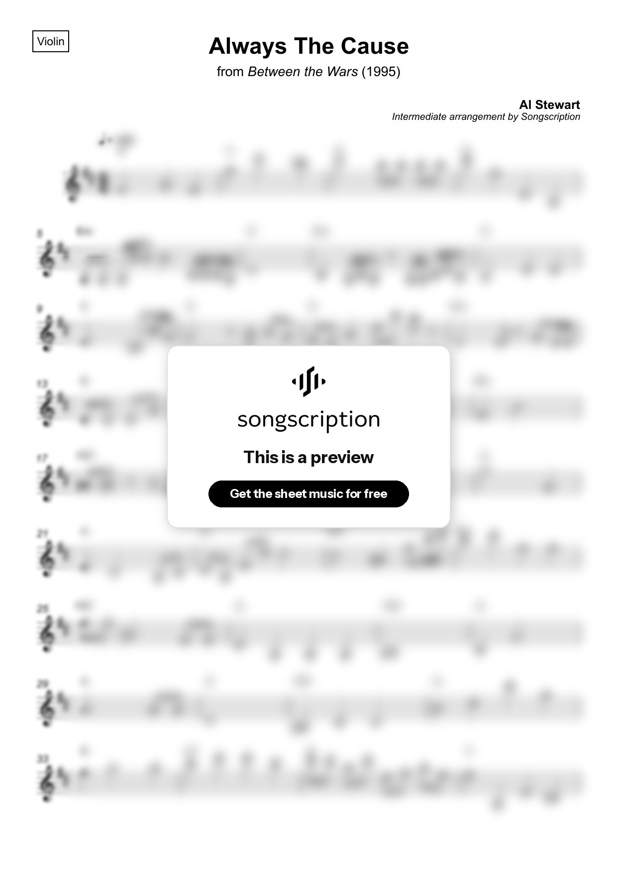 Intermediate Violin Sheet Music for "Always The Cause" by Al Stewart