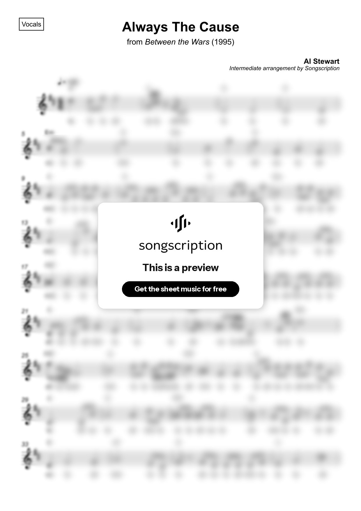 Intermediate Vocals Sheet Music for "Always The Cause" by Al Stewart
