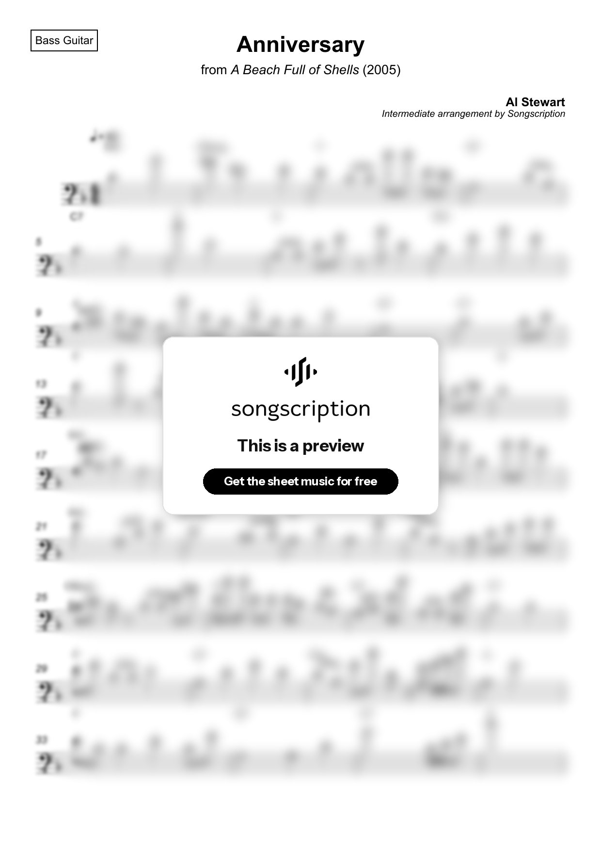 Intermediate Bass Guitar Sheet Music for "Anniversary" by Al Stewart