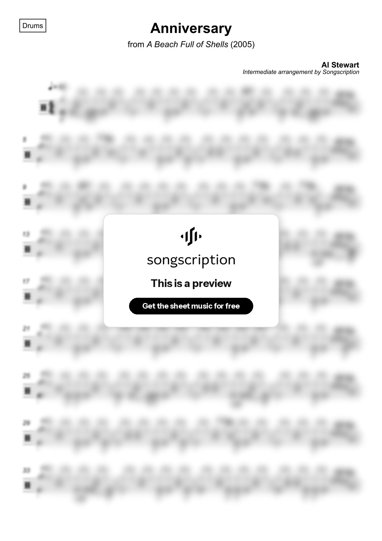 Intermediate Drums Sheet Music for "Anniversary" by Al Stewart