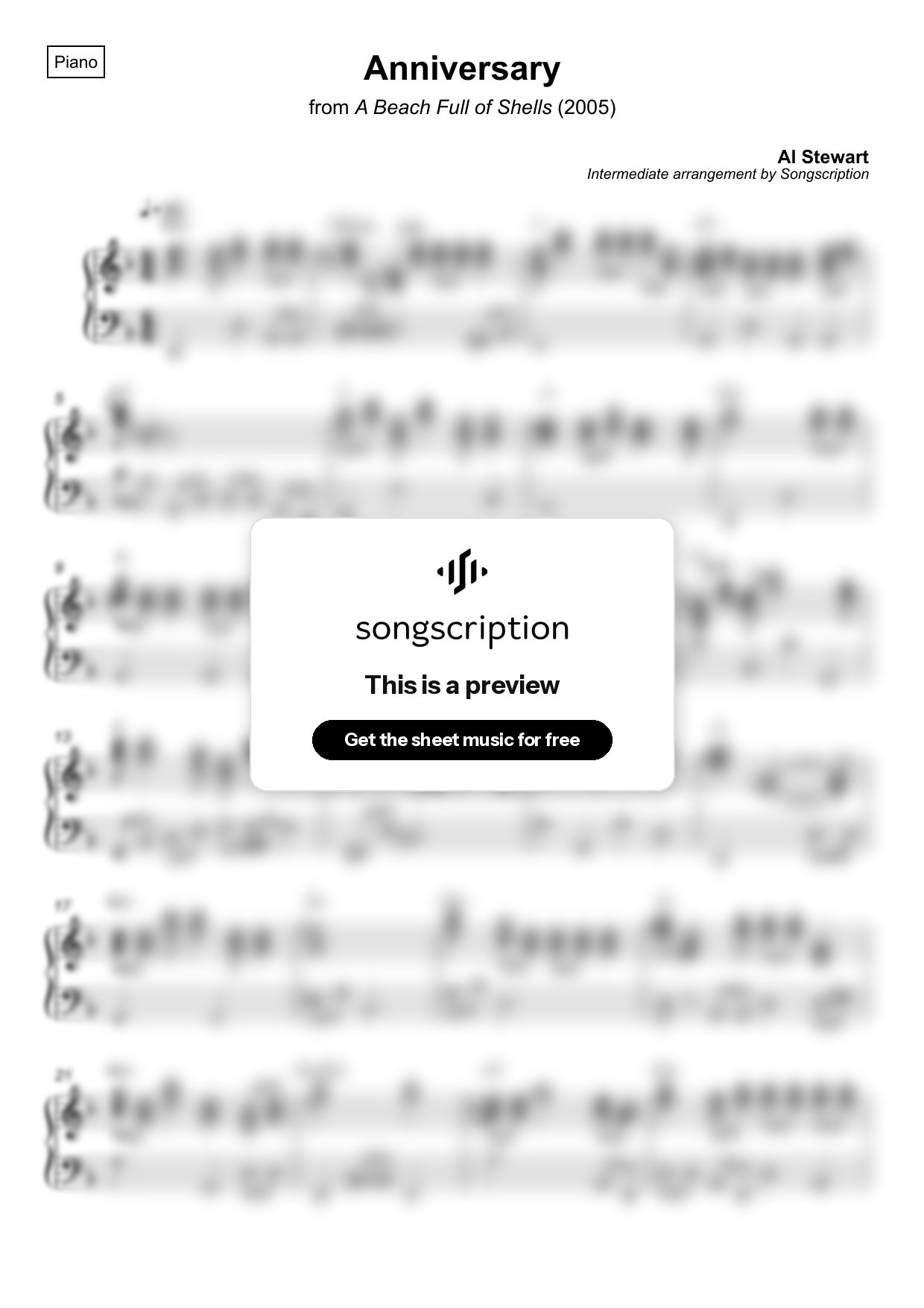 Intermediate Piano Sheet Music for "Anniversary" by Al Stewart