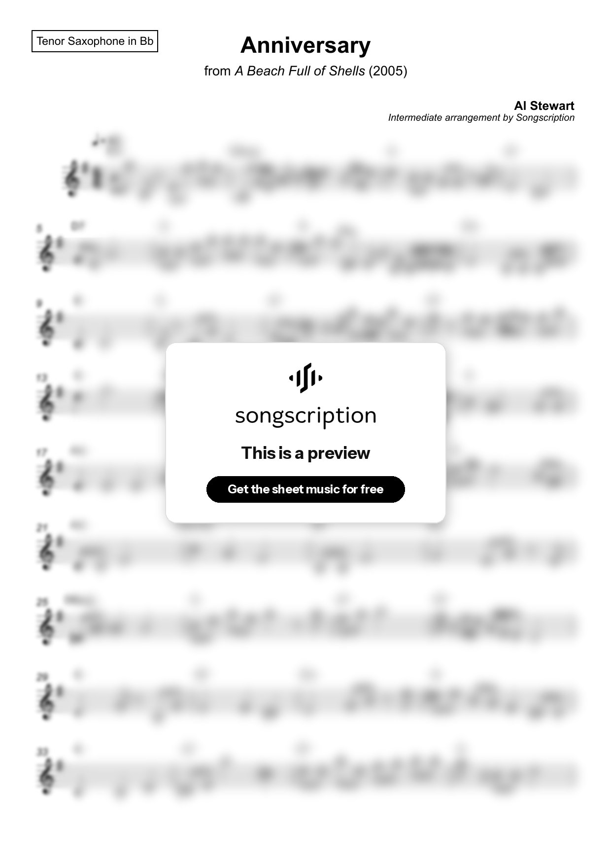 Intermediate Tenor Sax Sheet Music for "Anniversary" by Al Stewart