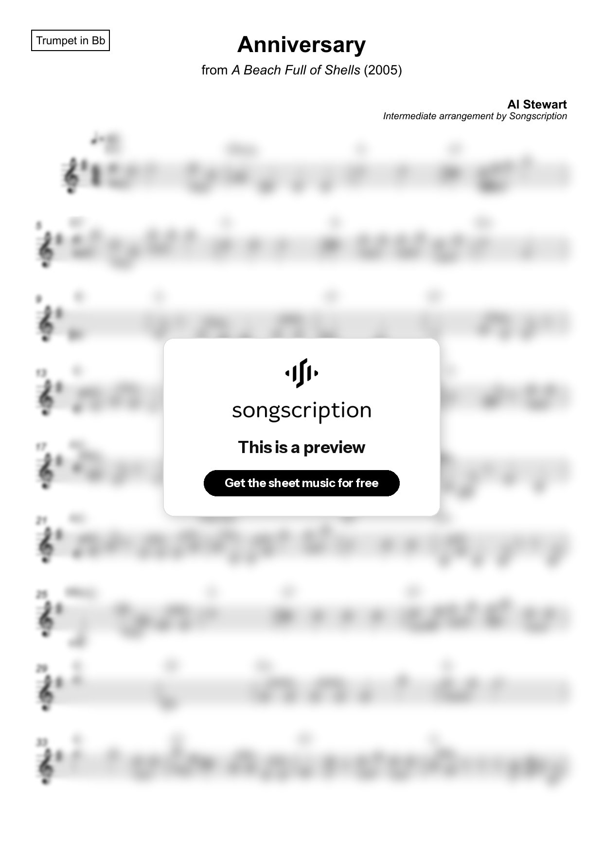 Intermediate Trumpet Sheet Music for "Anniversary" by Al Stewart