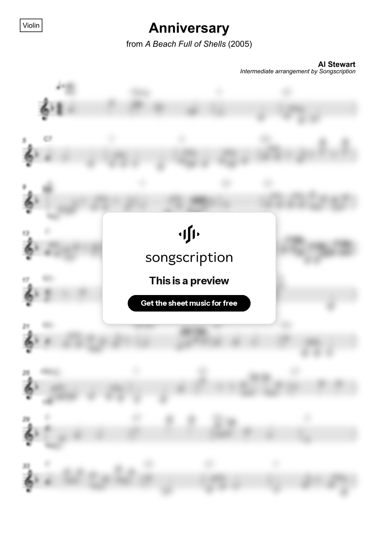 Intermediate Violin Sheet Music for "Anniversary" by Al Stewart