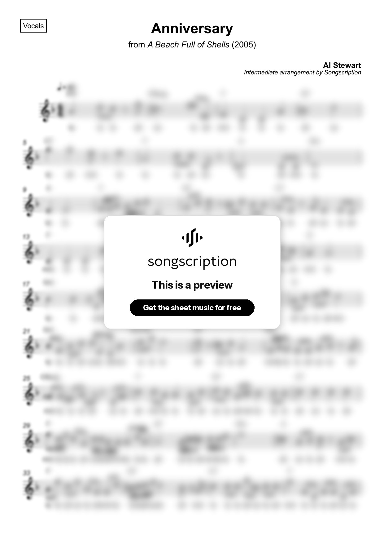 Intermediate Vocals Sheet Music for "Anniversary" by Al Stewart
