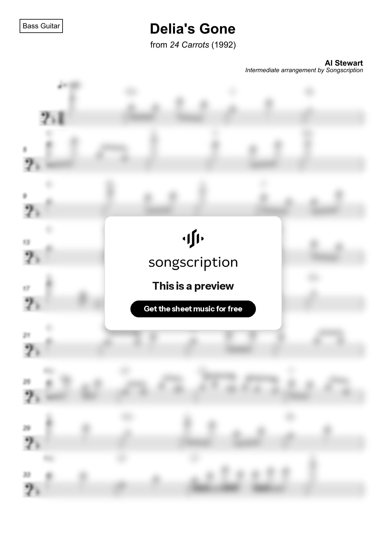 Intermediate Bass Guitar Sheet Music for "Delia's Gone" by Al Stewart
