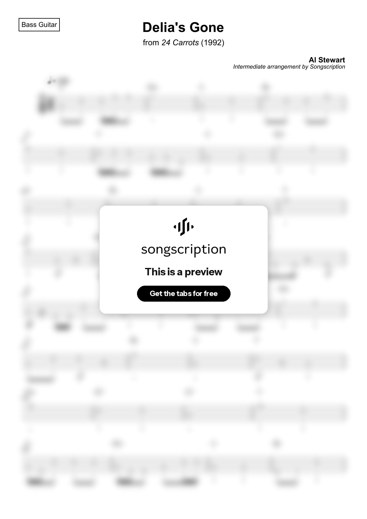 Intermediate Bass Guitar Tabs for "Delia's Gone" by Al Stewart