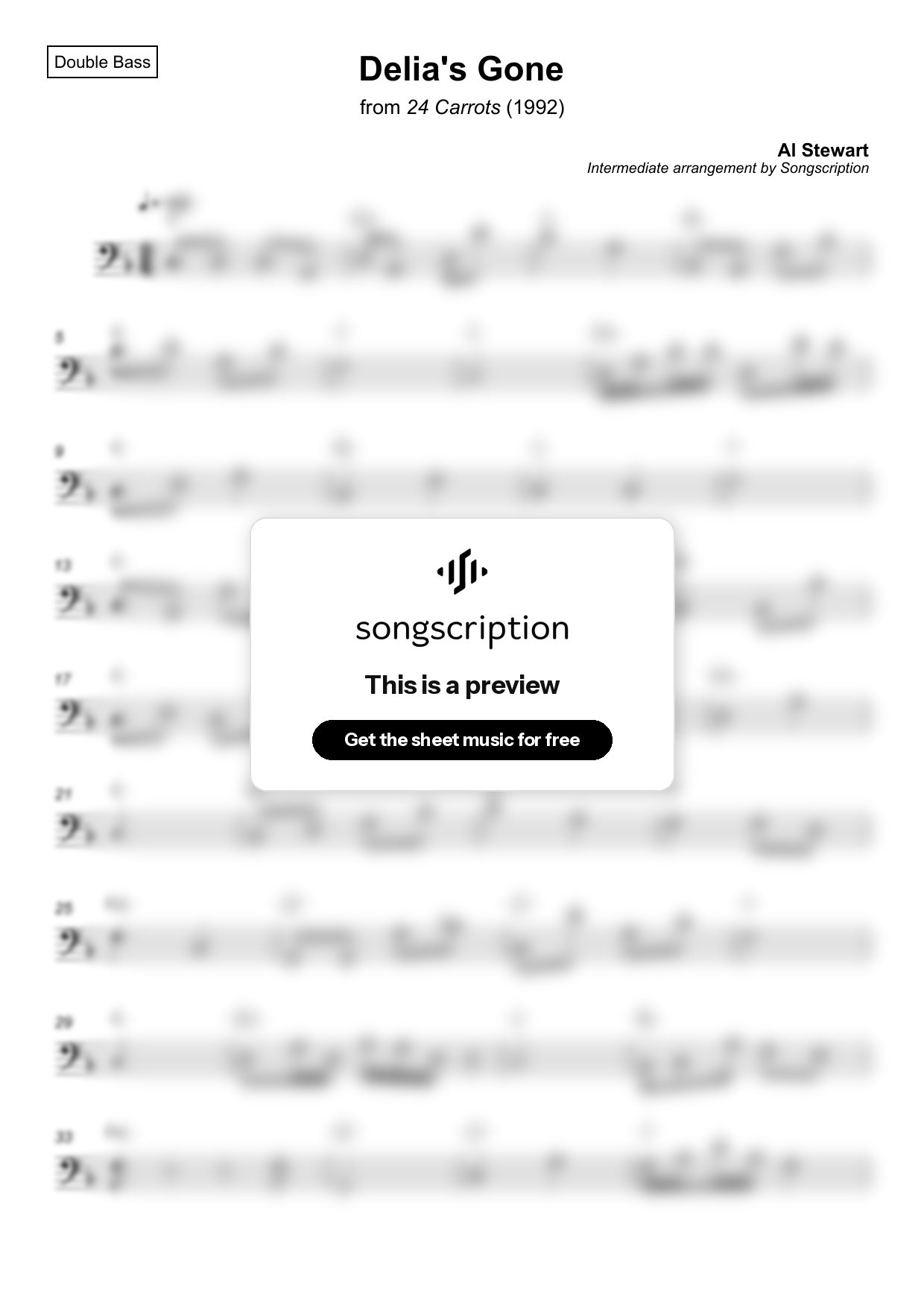 Intermediate Double Bass Sheet Music for "Delia's Gone" by Al Stewart