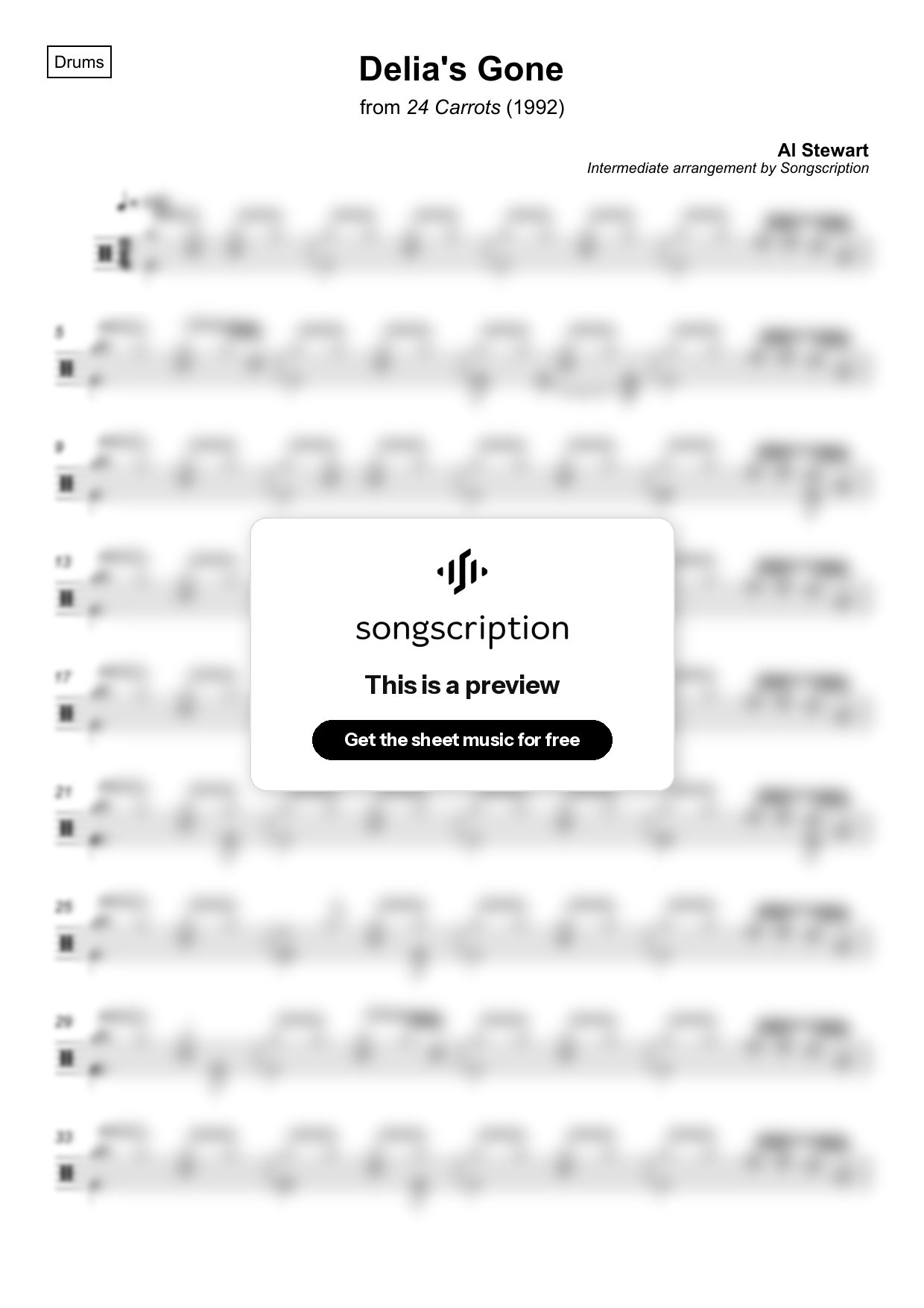 Intermediate Drums Sheet Music for "Delia's Gone" by Al Stewart