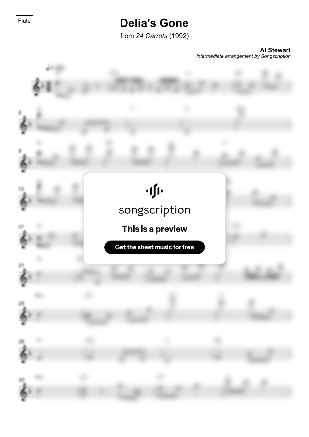 Intermediate Flute Sheet Music for "Delia's Gone" by Al Stewart