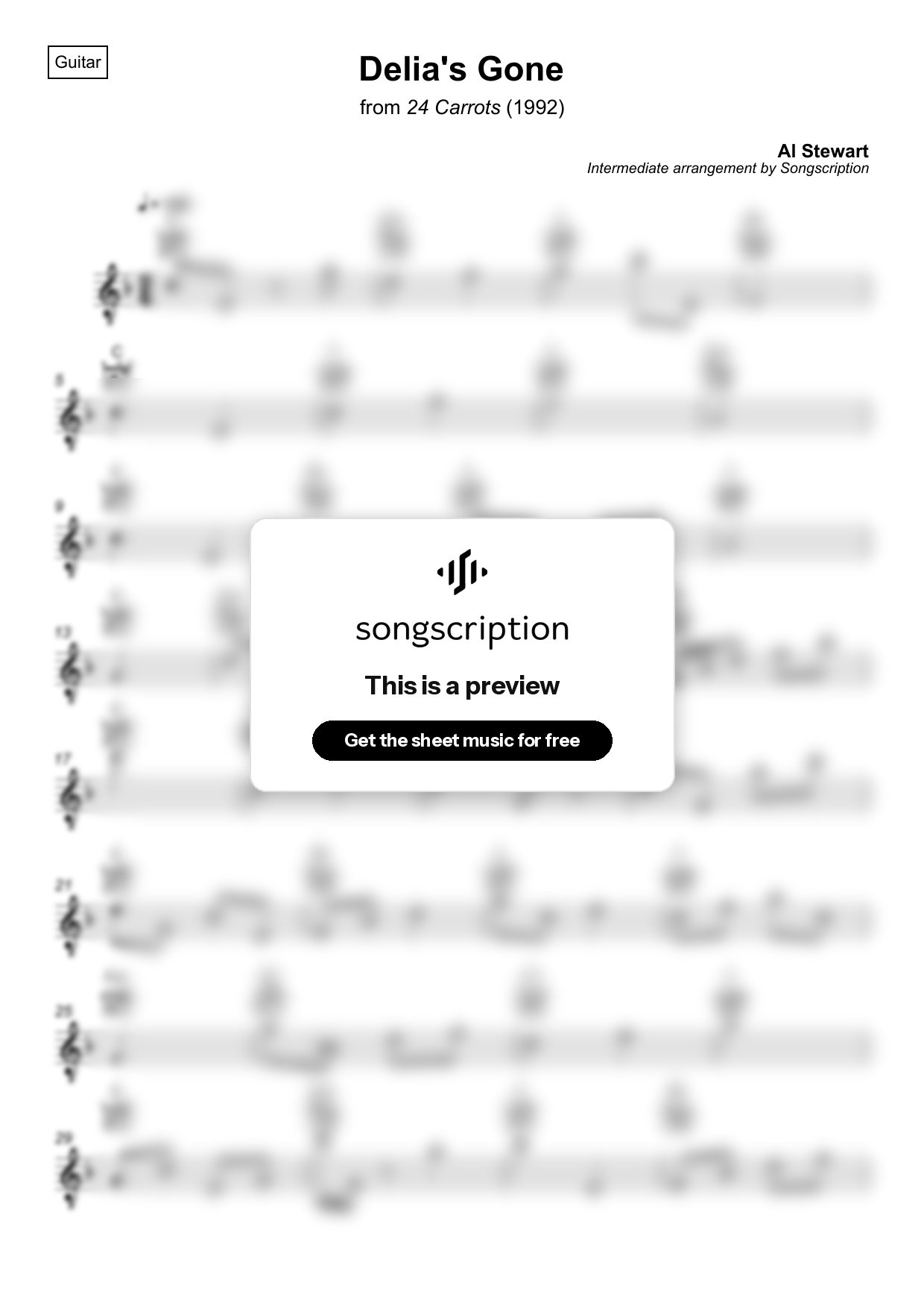 Intermediate Acoustic Guitar Sheet Music for "Delia's Gone" by Al Stewart