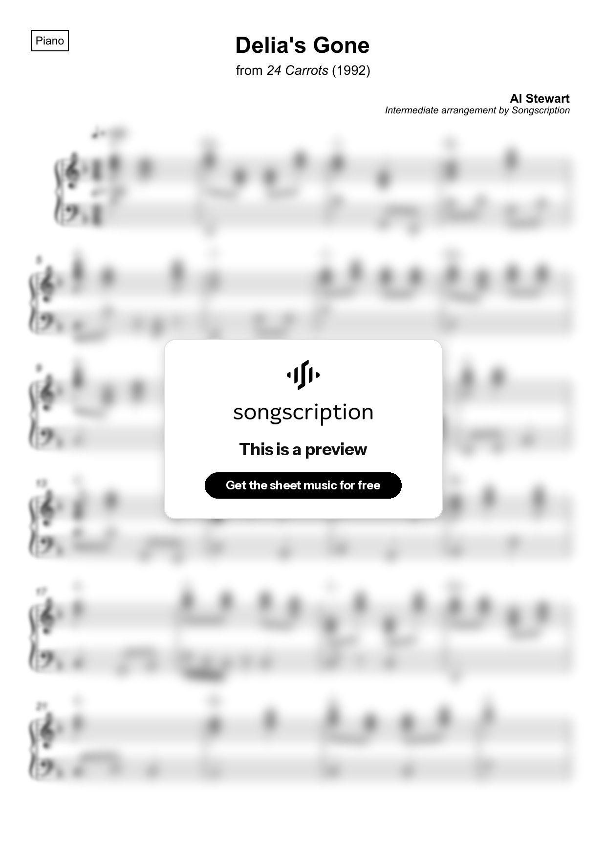 Intermediate Piano Sheet Music for "Delia's Gone" by Al Stewart