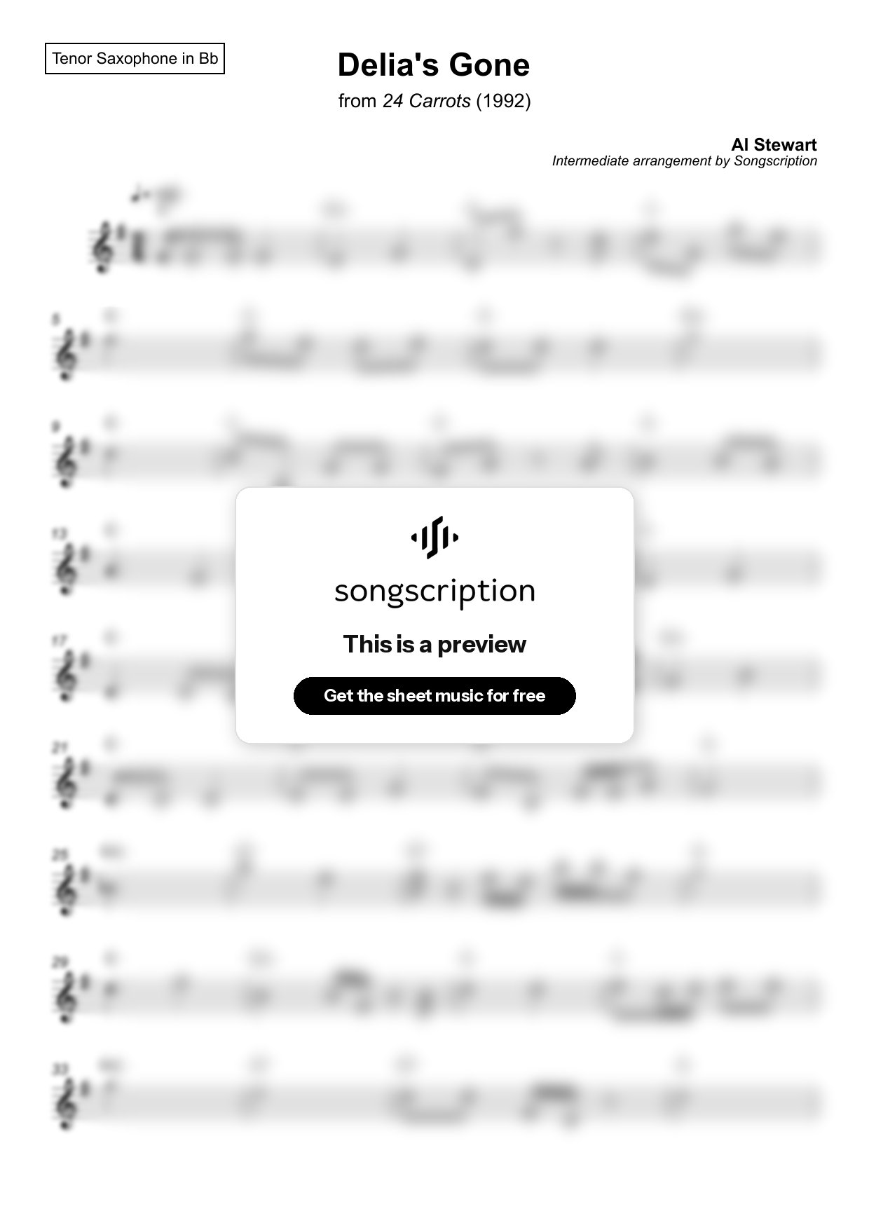 Intermediate Tenor Sax Sheet Music for "Delia's Gone" by Al Stewart