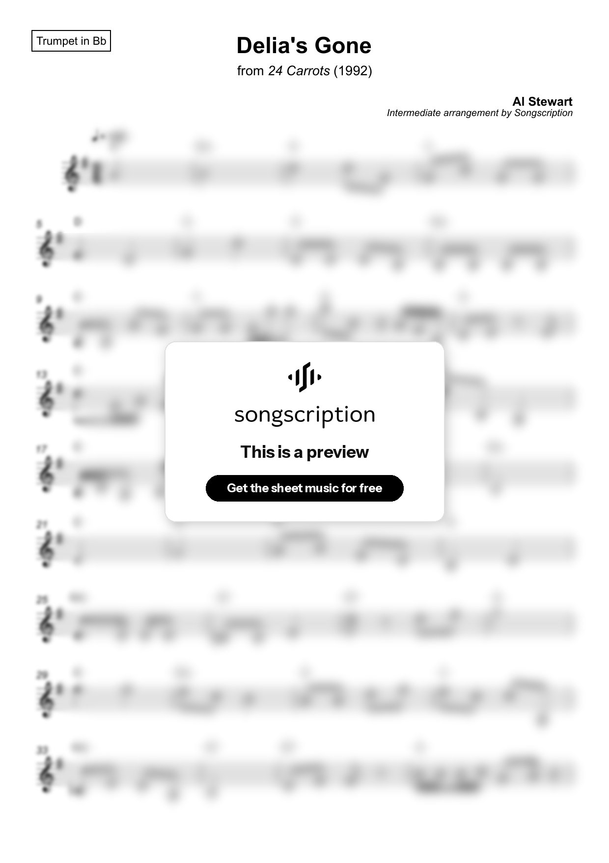 Intermediate Trumpet Sheet Music for "Delia's Gone" by Al Stewart