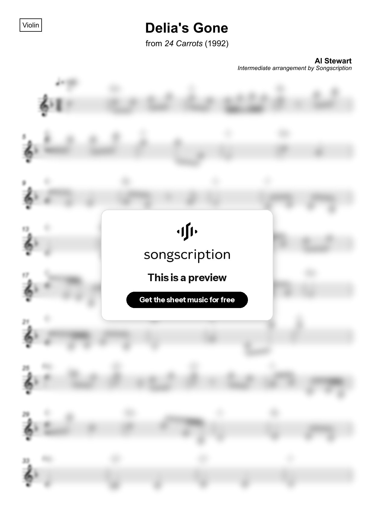 Intermediate Violin Sheet Music for "Delia's Gone" by Al Stewart
