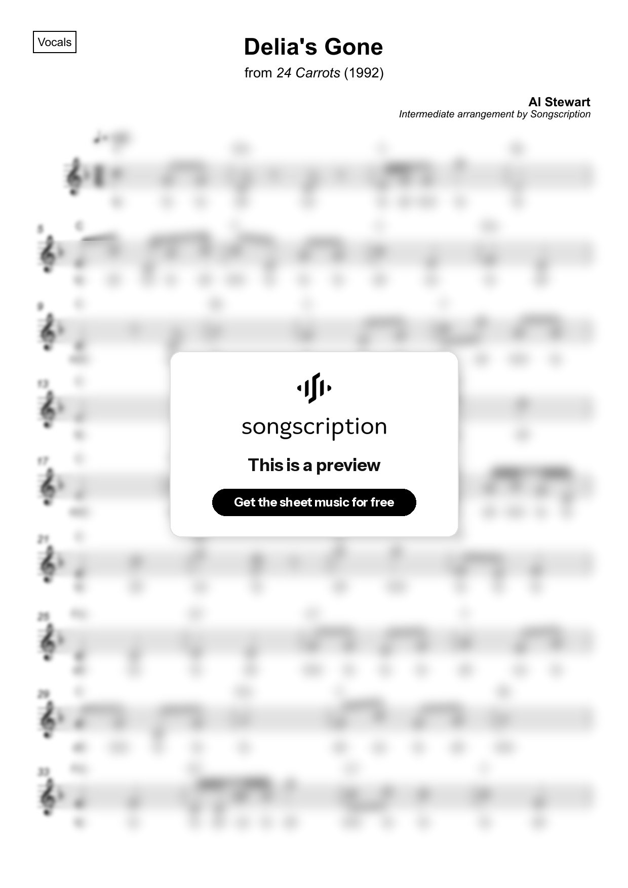 Intermediate Vocals Sheet Music for "Delia's Gone" by Al Stewart