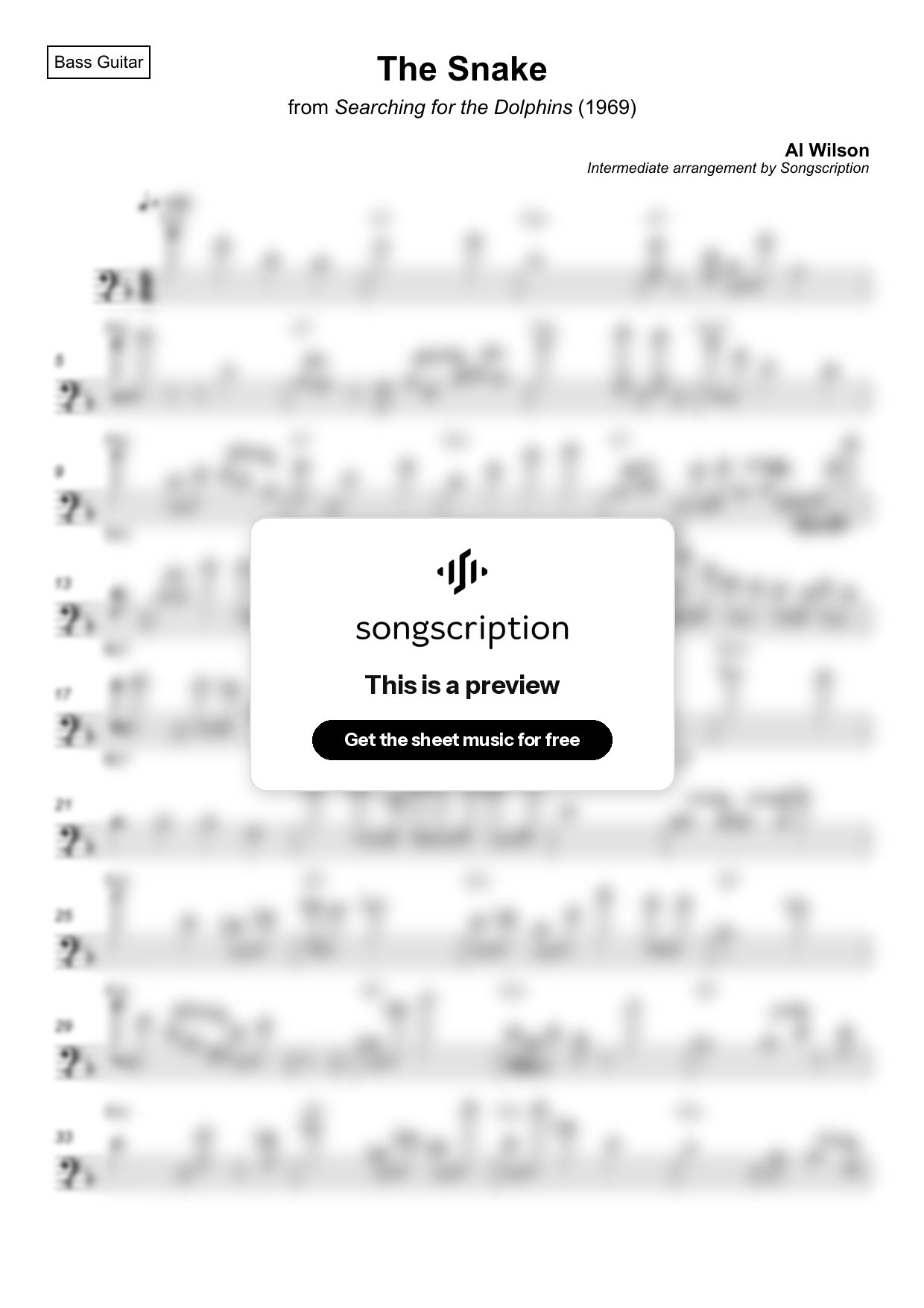 Intermediate Bass Guitar Sheet Music for "The Snake" by Al Wilson