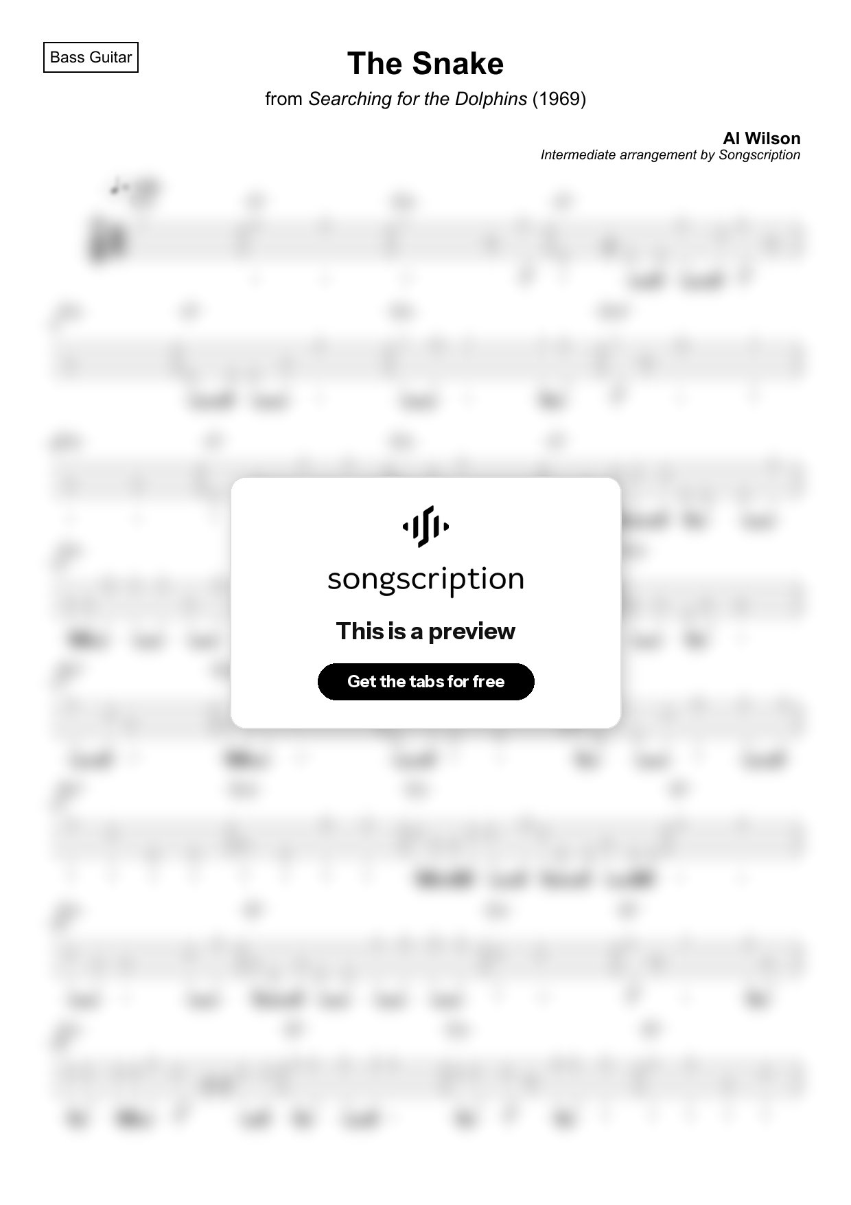 Intermediate Bass Guitar Tabs for "The Snake" by Al Wilson