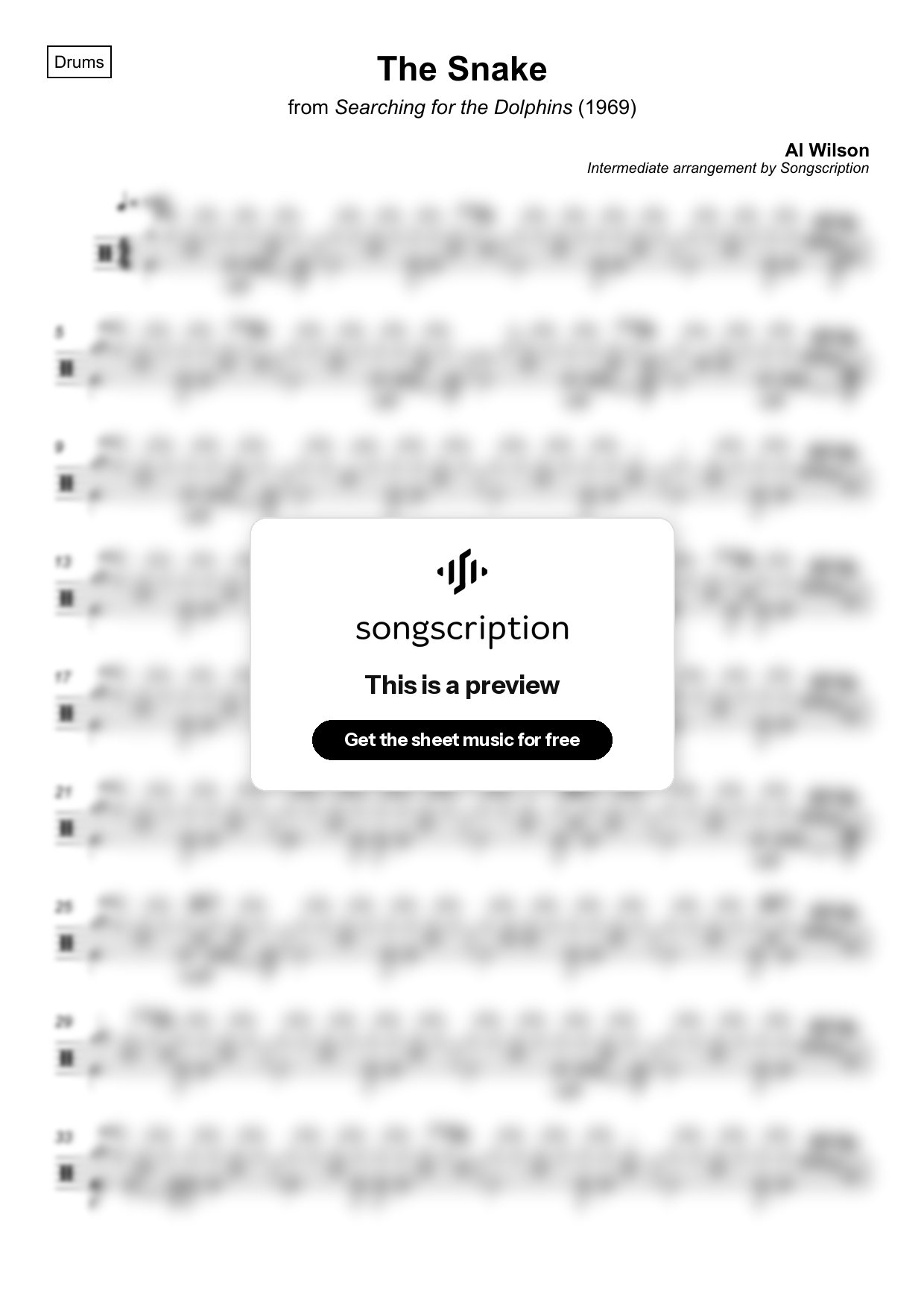 Intermediate Drums Sheet Music for "The Snake" by Al Wilson