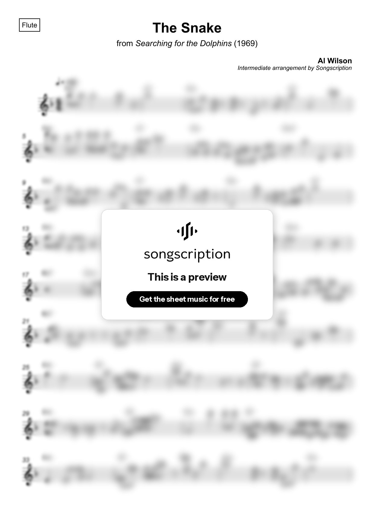 Intermediate Flute Sheet Music for "The Snake" by Al Wilson