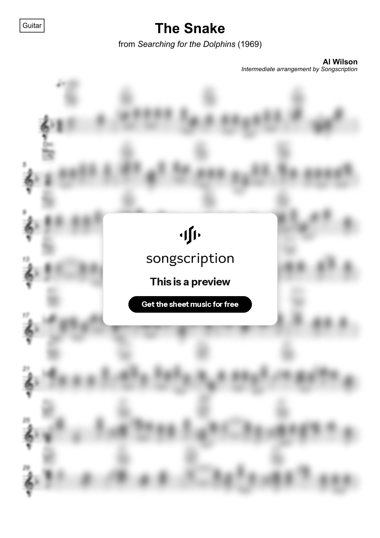 Intermediate Acoustic Guitar Sheet Music for "The Snake" by Al Wilson