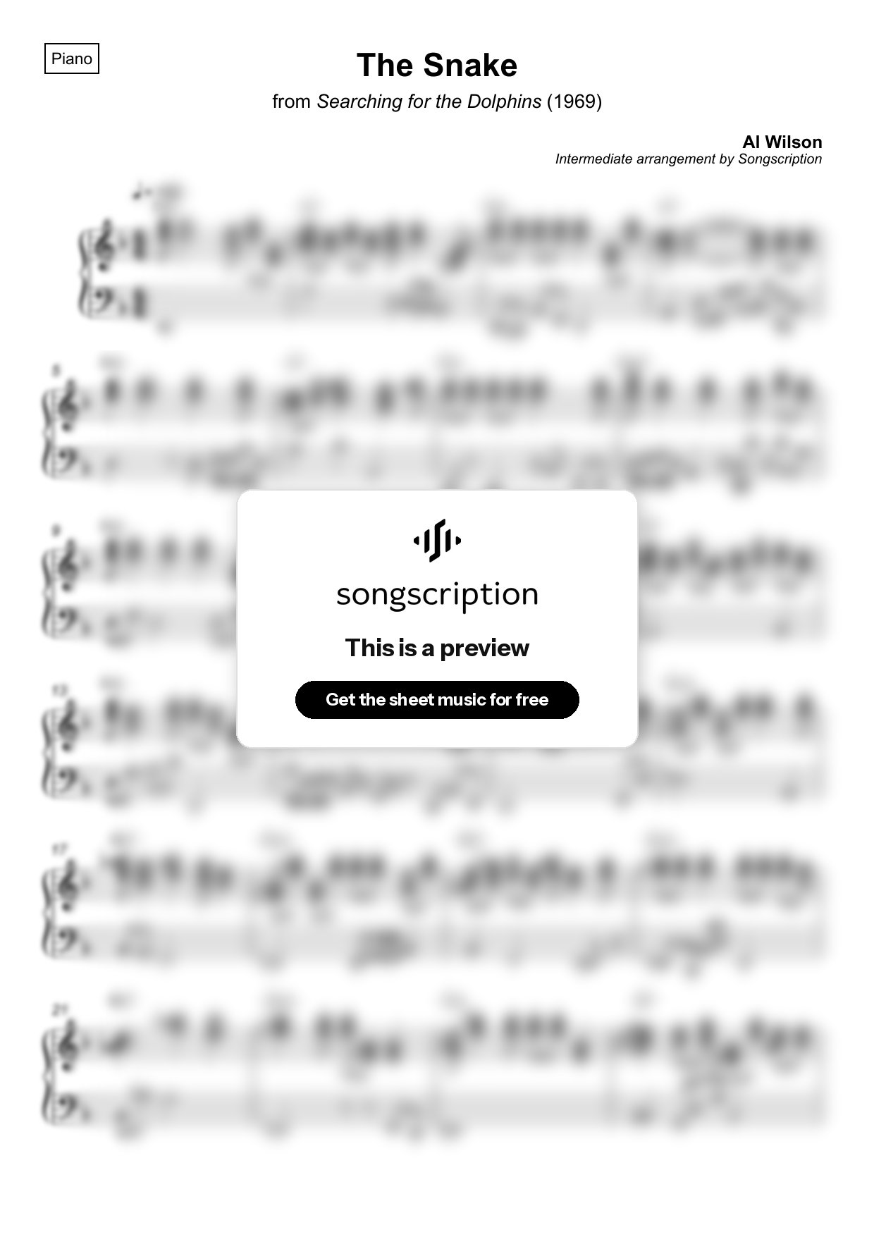 Intermediate Piano Sheet Music for "The Snake" by Al Wilson