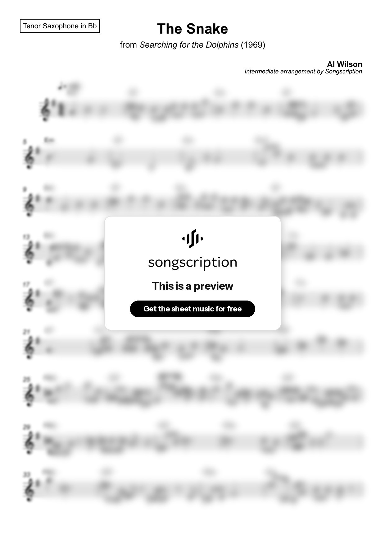 Intermediate Tenor Sax Sheet Music for "The Snake" by Al Wilson