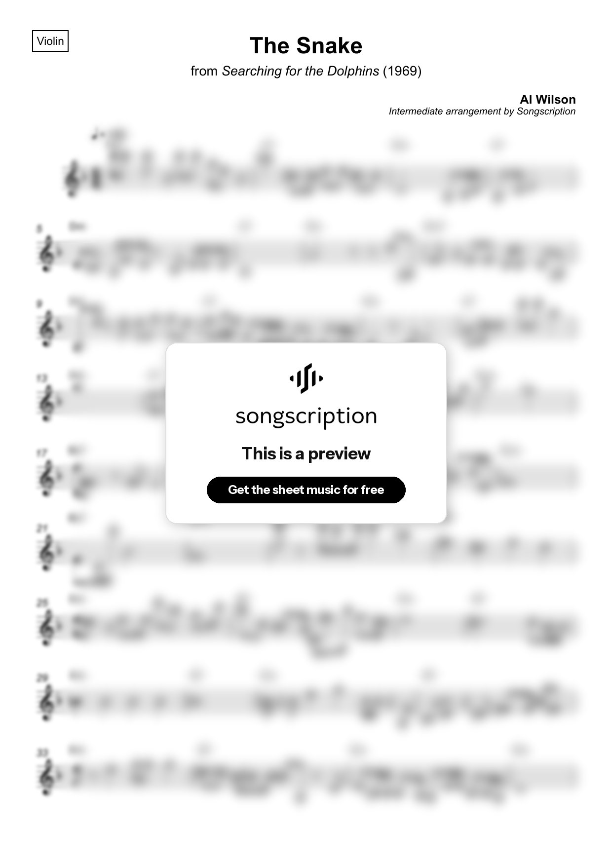 Intermediate Violin Sheet Music for "The Snake" by Al Wilson