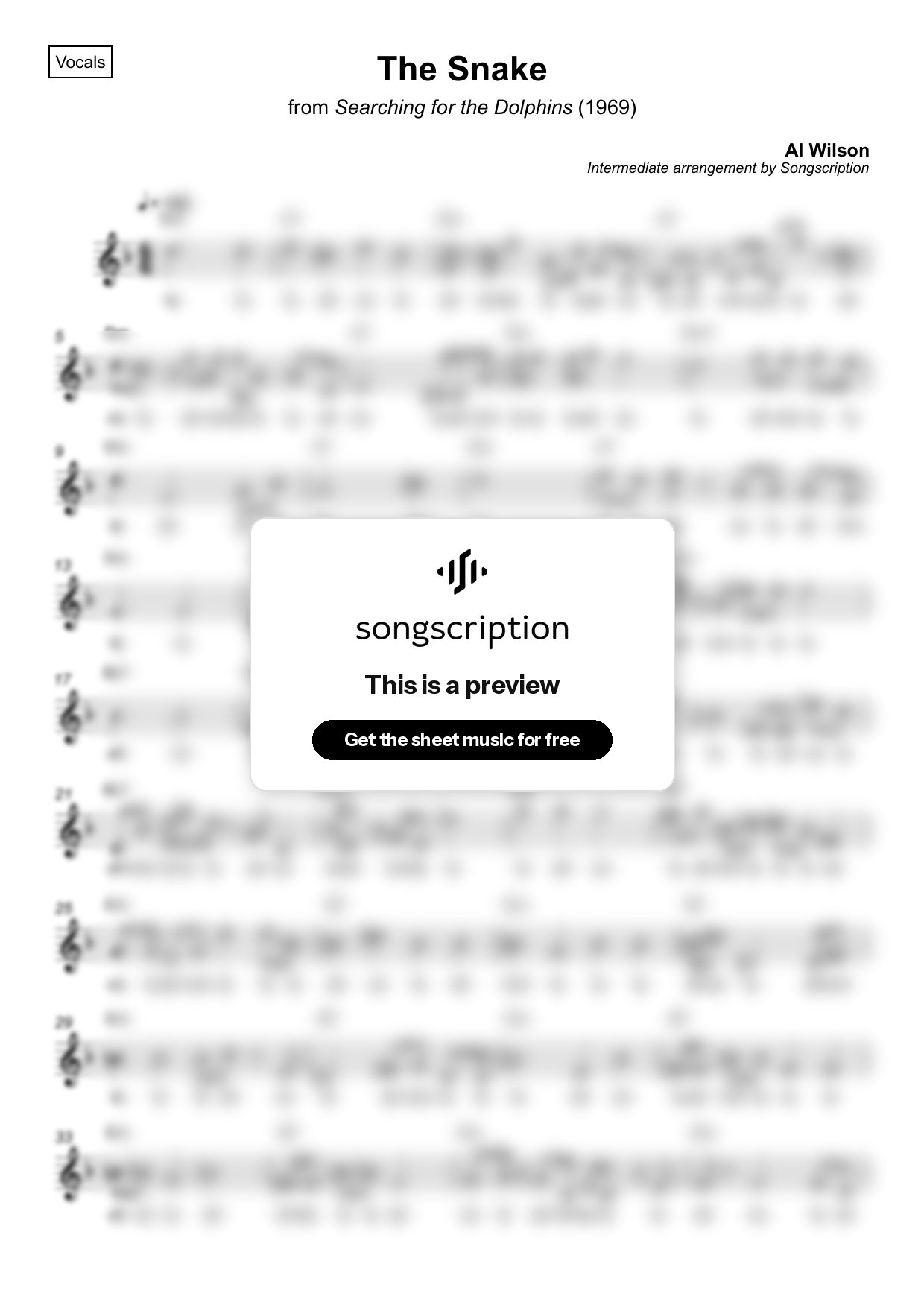 Intermediate Vocals Sheet Music for "The Snake" by Al Wilson
