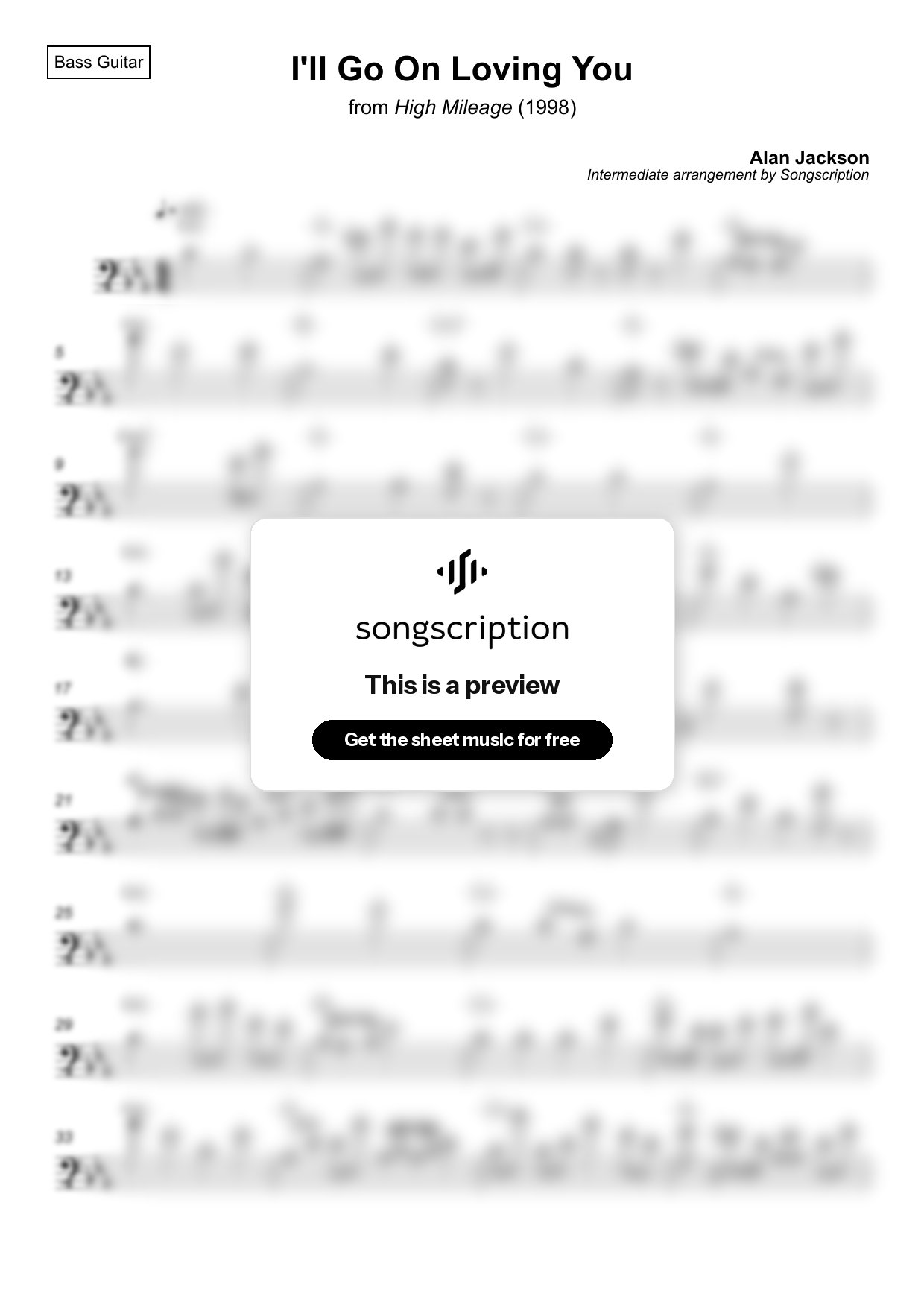 Intermediate Bass Guitar Sheet Music for "I'll Go On Loving You" by Alan Jackson