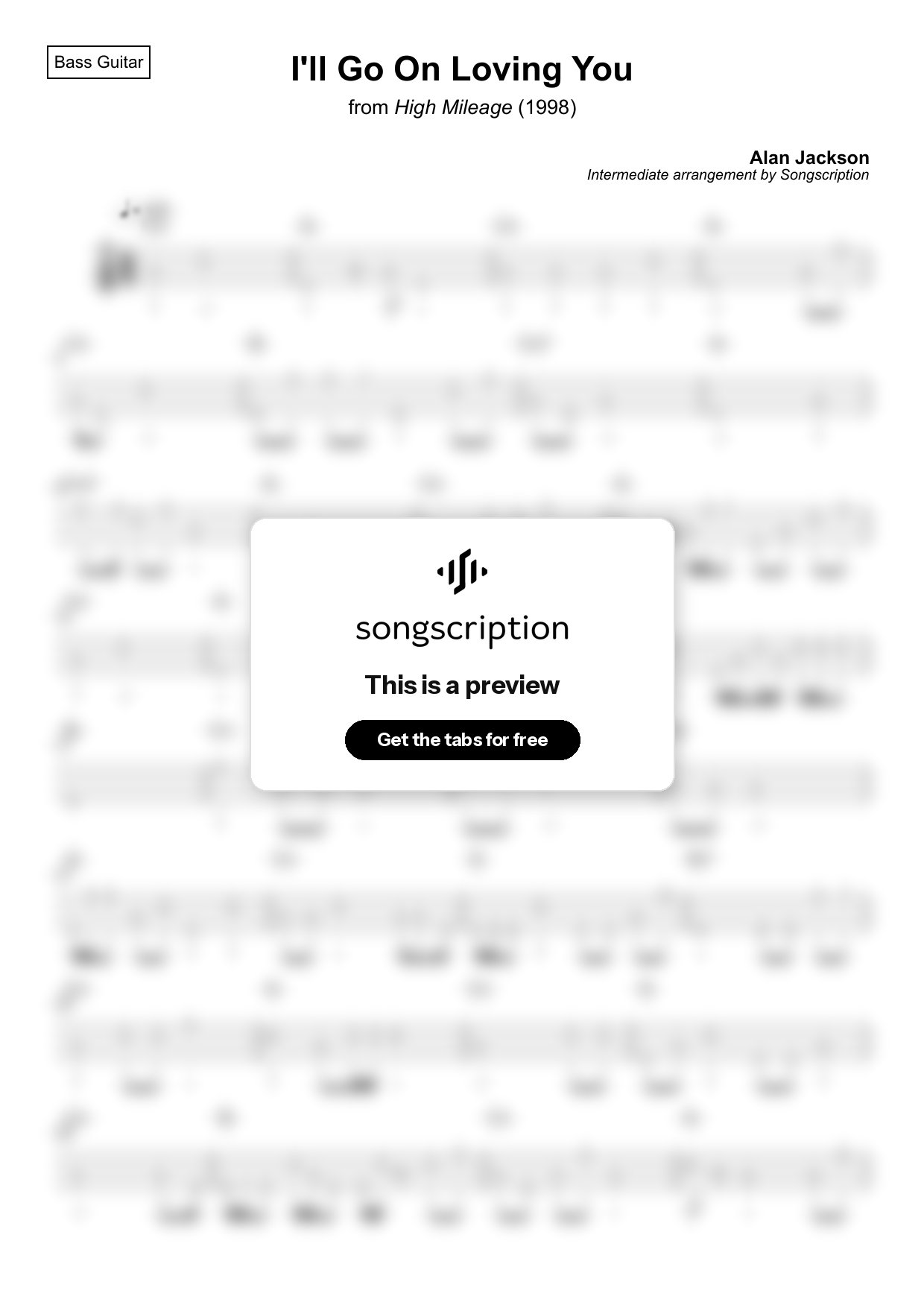 Intermediate Bass Guitar Tabs for "I'll Go On Loving You" by Alan Jackson