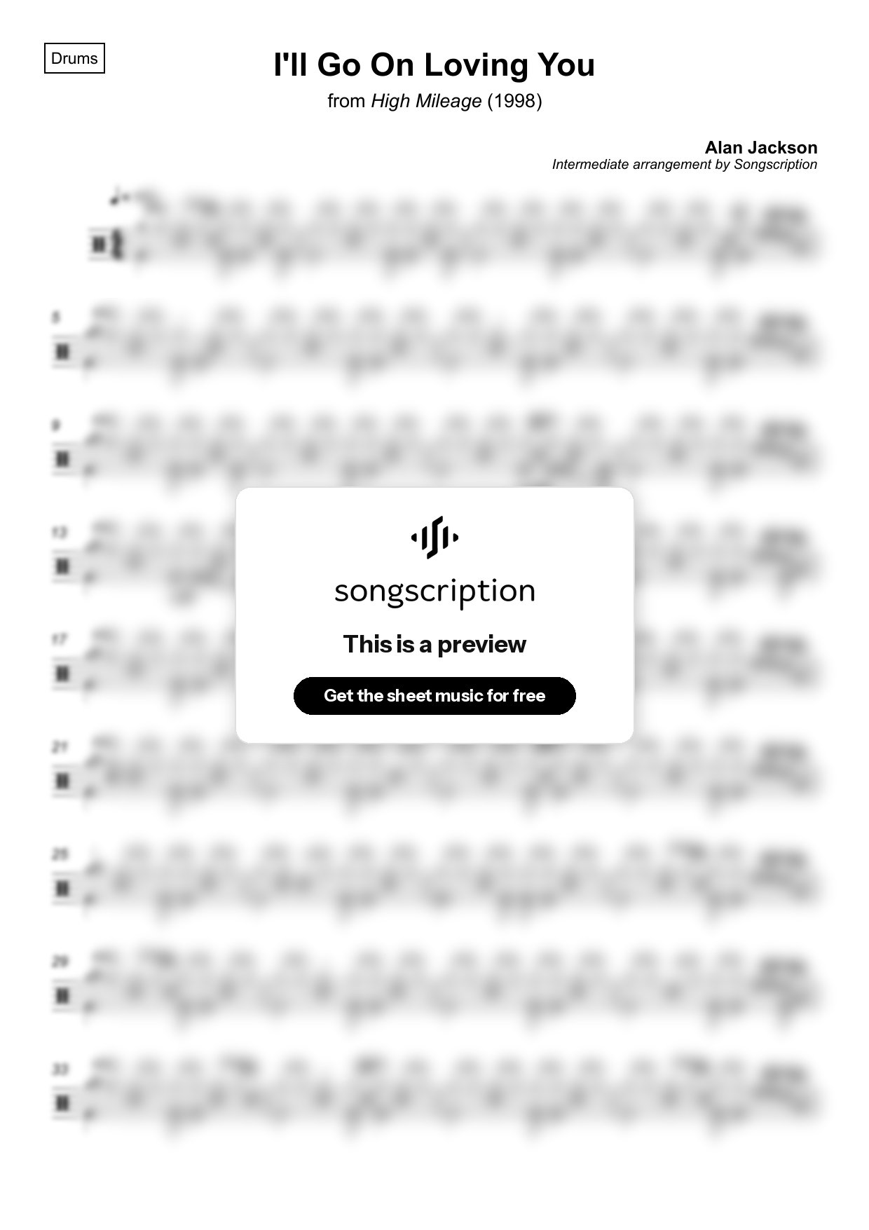 Intermediate Drums Sheet Music for "I'll Go On Loving You" by Alan Jackson