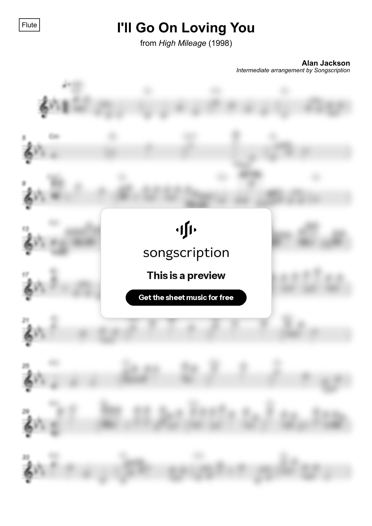 Intermediate Flute Sheet Music for "I'll Go On Loving You" by Alan Jackson