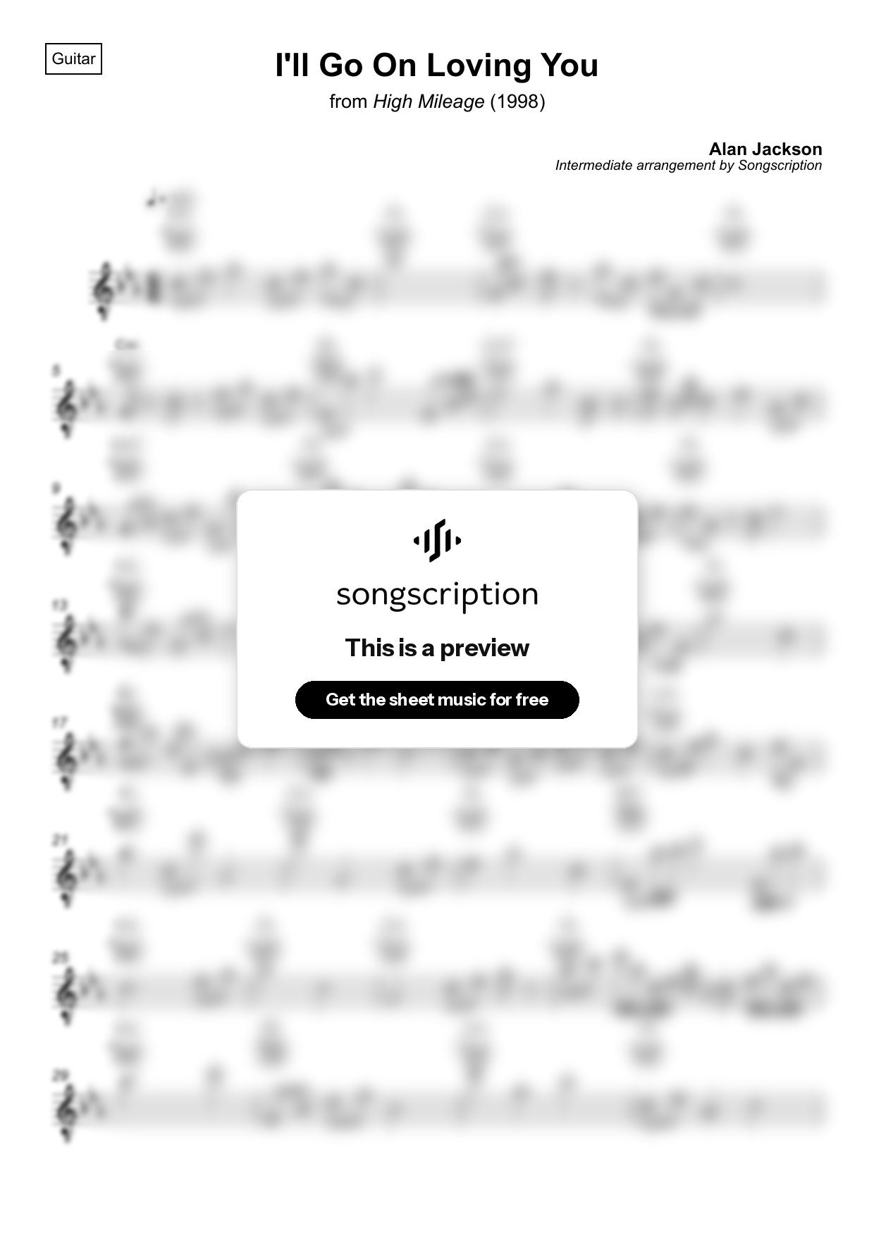 Intermediate Acoustic Guitar Sheet Music for "I'll Go On Loving You" by Alan Jackson
