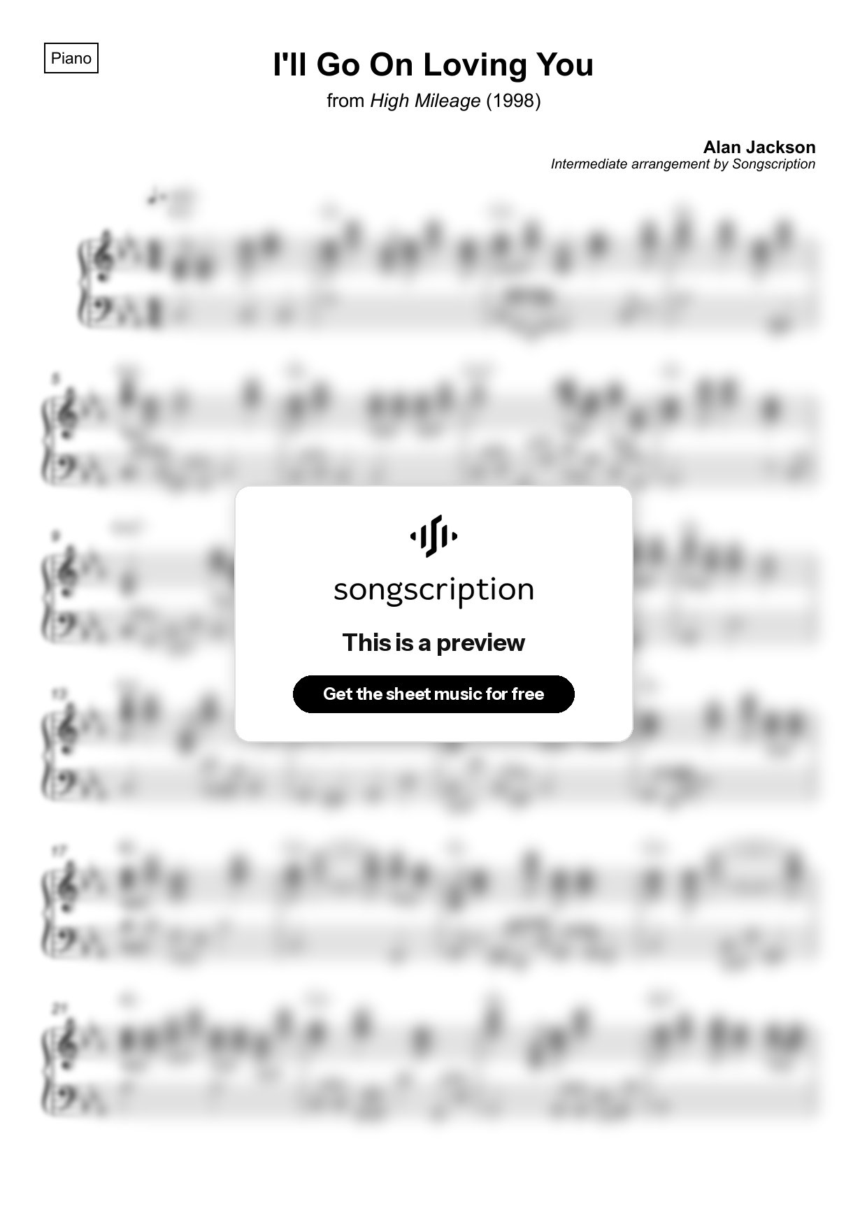 Intermediate Piano Sheet Music for "I'll Go On Loving You" by Alan Jackson