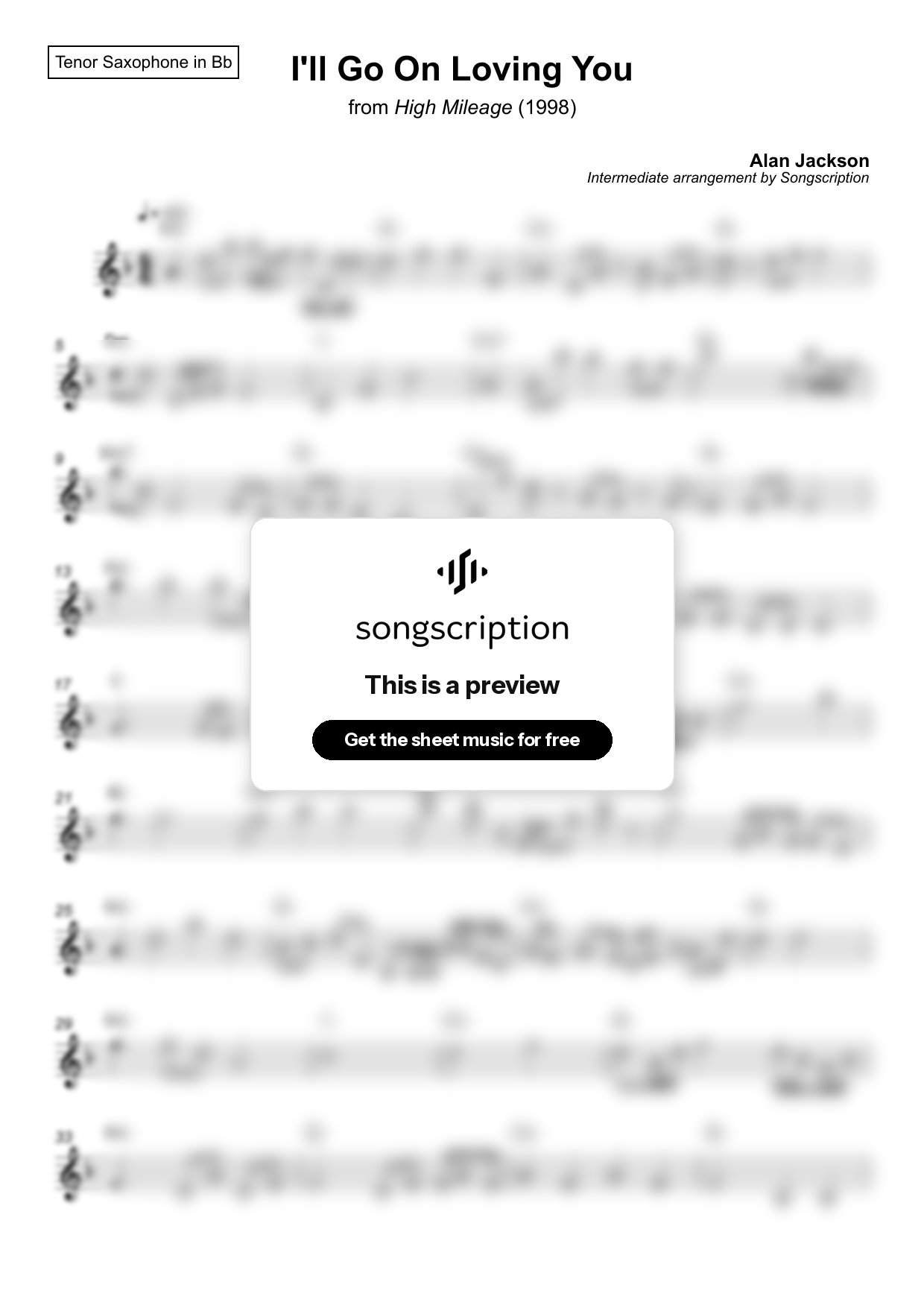 Intermediate Tenor Sax Sheet Music for "I'll Go On Loving You" by Alan Jackson