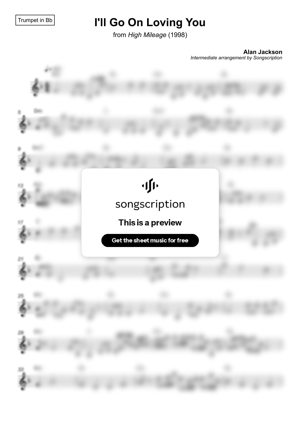 Intermediate Trumpet Sheet Music for "I'll Go On Loving You" by Alan Jackson