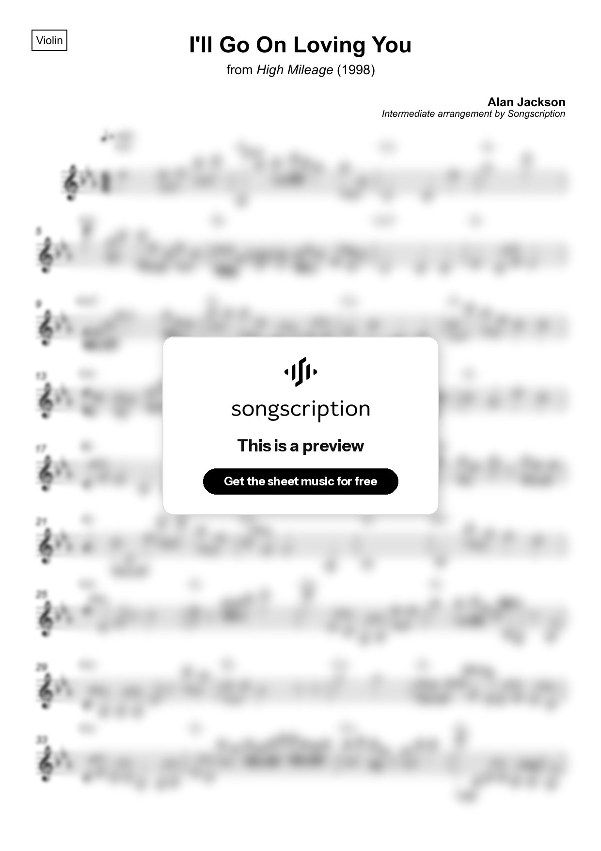 Intermediate Violin Sheet Music for "I'll Go On Loving You" by Alan Jackson